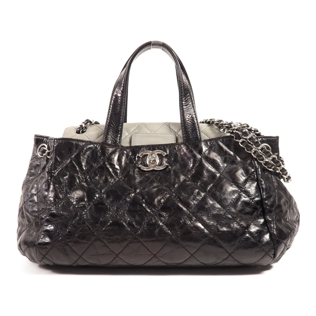 Chanel Black Calfskin Leather 2-Way Shoulder Bag with CC Silver Hardware: Chanel Black Calfskin Leather 2-Way Shoulder Bag with CC Silver Hardware This CHANEL 2-way shoulder handbag is crafted from black calfskin leather and features the classic CC logo with silver-tone har