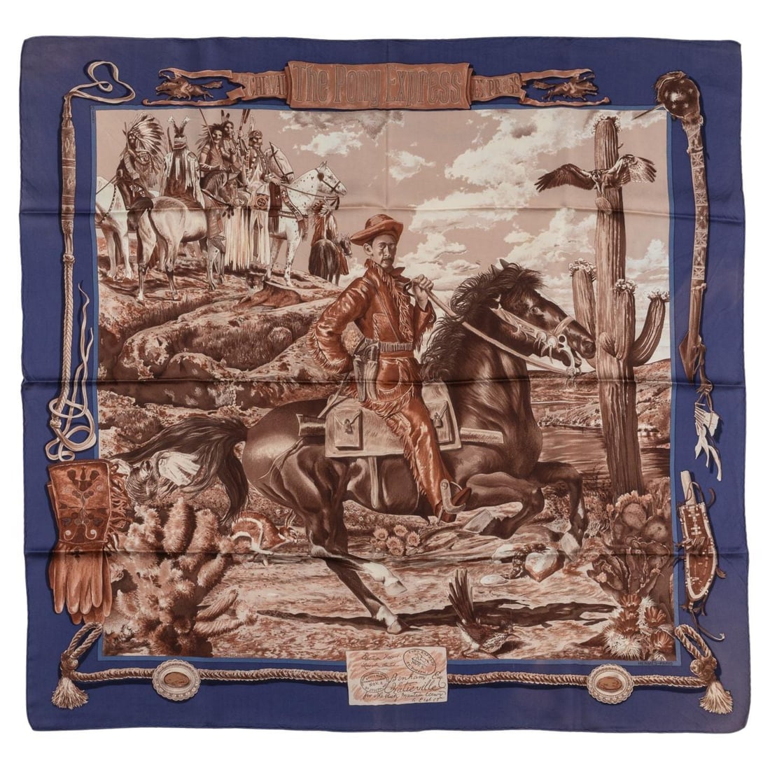 Hermes Pony Express Blue Silk Scarf 35x35 Inches France: Hermes Pony Express Blue Silk Scarf 35x35 Inches France This exquisite Hermes collectible "Pony Express" scarf features a stunning blue border and is crafted from 100% silk. Designed by Kermit Oliver,