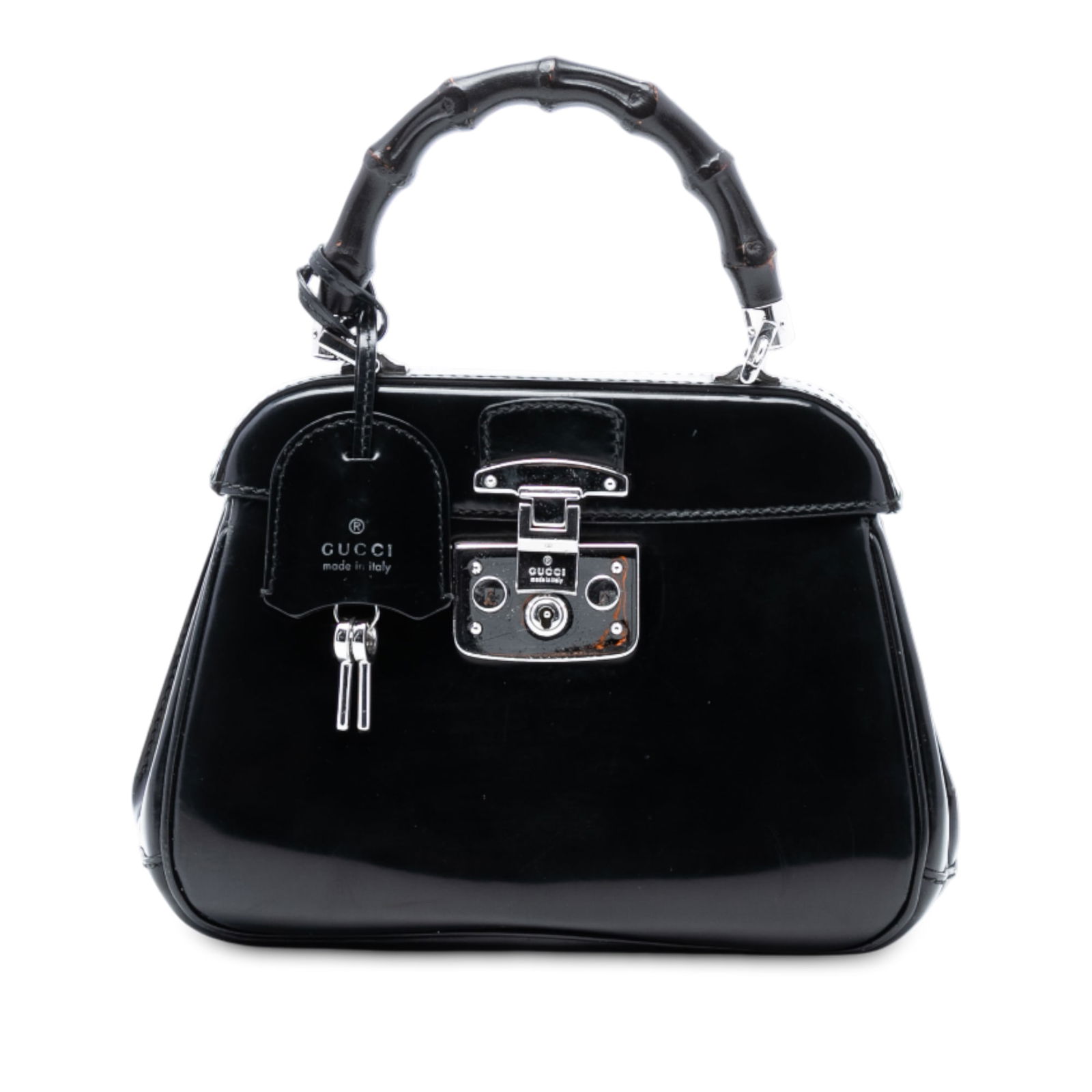 Gucci Mini Bamboo Lady Lock Black Leather Top Handle Purse: Gucci Mini Bamboo Lady Lock Black Leather Top Handle Purse This Gucci Mini Polished Leather Bamboo Lady Lock Top Handle Bag features a polished leather body in black, a distinctive bamboo top handle,