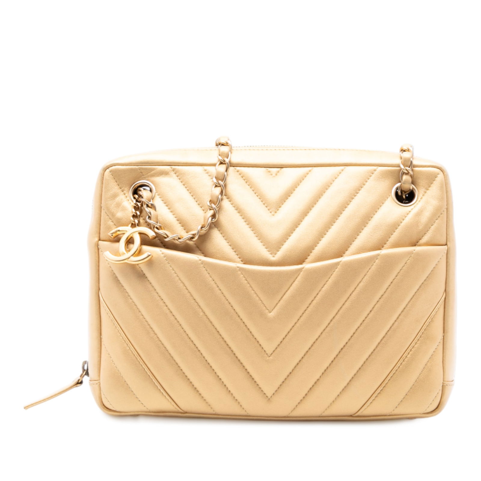 Chanel Chevron Quilted Lambskin Leather Camera Shoulder Bag Gold: Chanel Chevron Quilted Lambskin Leather Camera Shoulder Bag Gold This Chanel CC Chevron Camera Shoulder Bag features a quilted lambskin leather body in gold, leather-woven chain straps with leather gu
