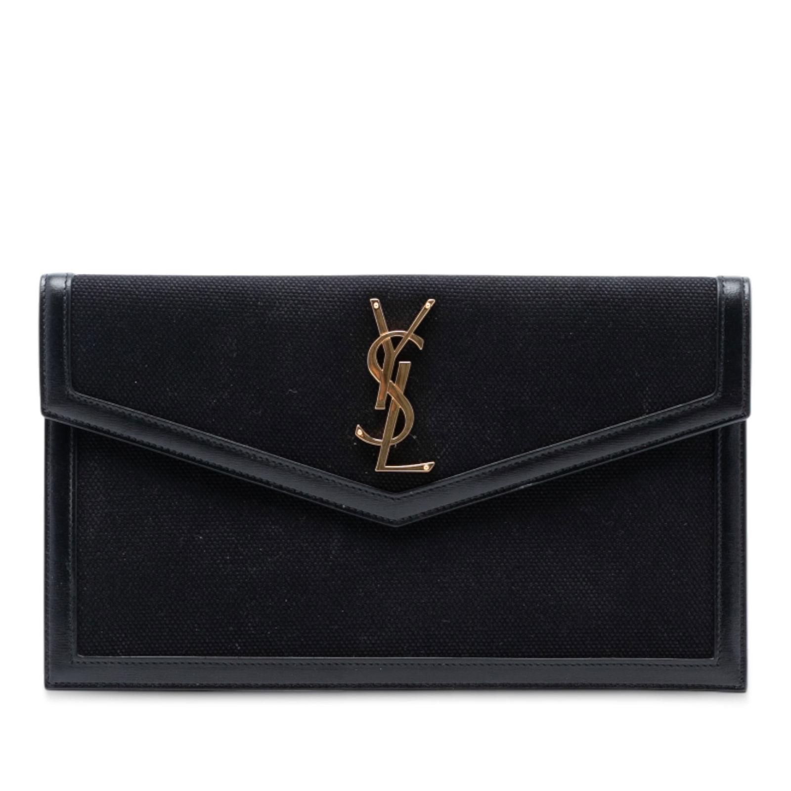 Uptown clutch bag in canvas with leather trim by Saint Laurent: Uptown clutch bag in canvas with leather trim by Saint Laurent This Saint Laurent Uptown clutch features a black canvas body with leather trim, a front flap with magnetic button closure, and an interi