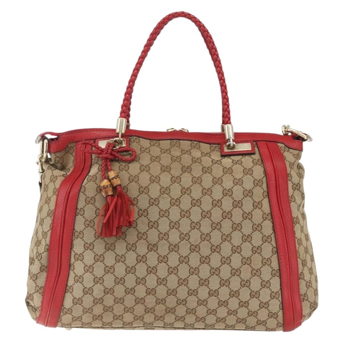 Bella Tote by Gucci Beige Canvas and Leather Handbag: Bella Tote by Gucci Beige Canvas and Leather Handbag This Gucci Bella Tote features a beige GG canvas exterior with leather accents, designed for female use. The tote shows signs of wear including out