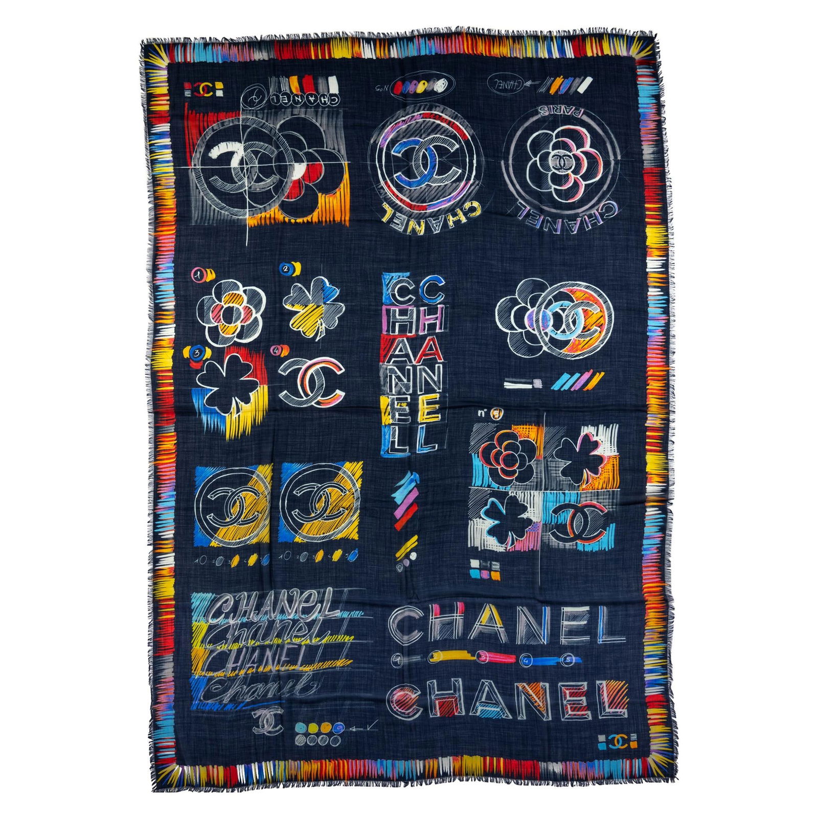 Chanel Black Multicolor Cashmere Silk Logo Shawl 54 x 75 Italy: Chanel Black Multicolor Cashmere Silk Logo Shawl 54 x 75 Italy Elevate your wardrobe with this exquisite Chanel Black Multicolor Cashmere Shawl. Crafted from a luxurious blend of cashmere and silk, th