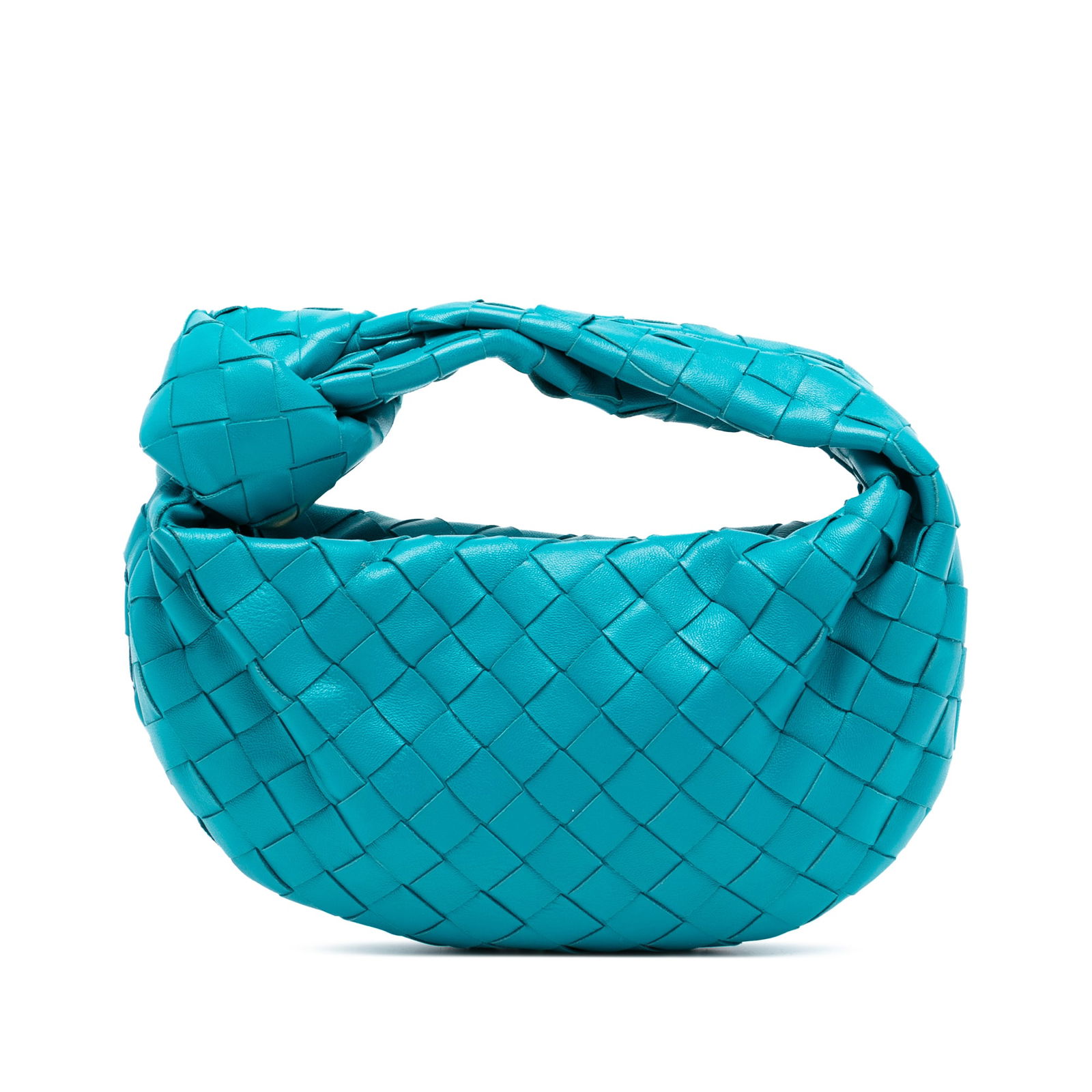 Blue Mini Jodie Leather Bag by Bottega Veneta with Woven Design: Blue Mini Jodie Leather Bag by Bottega Veneta with Woven Design This Bottega Veneta Mini Nappa Intrecciato Jodie features a woven leather body in blue, a woven shoulder strap, and a top zip closure. T