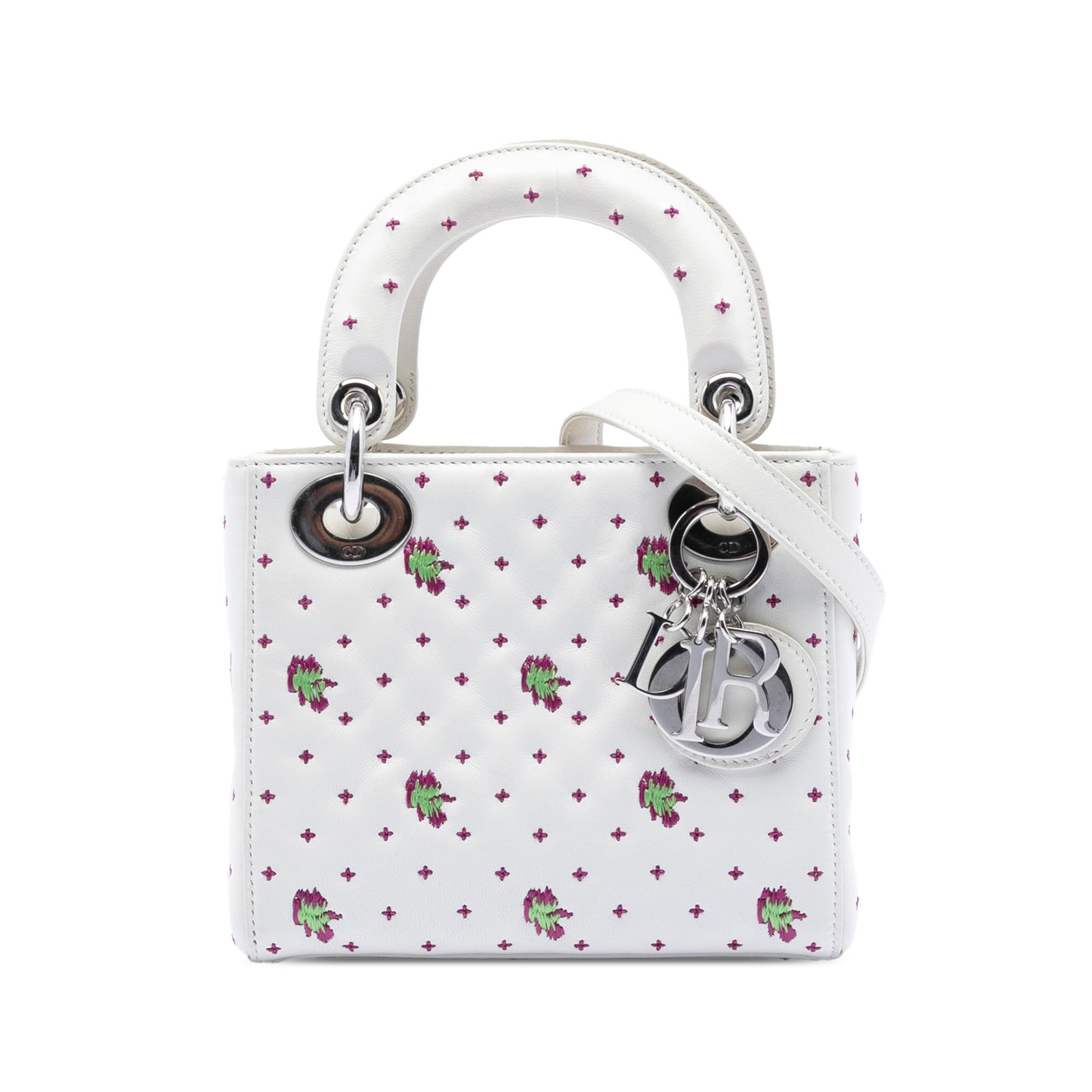 Dior Lady Dior Mini White Embroidered Calfskin Bag With Chain Strap: Dior Lady Dior Mini White Embroidered Calfskin Bag With Chain Strap This Mini Lady Dior bag showcases an embroidered leather body with flat leather top handles and a detachable chain shoulder strap. I