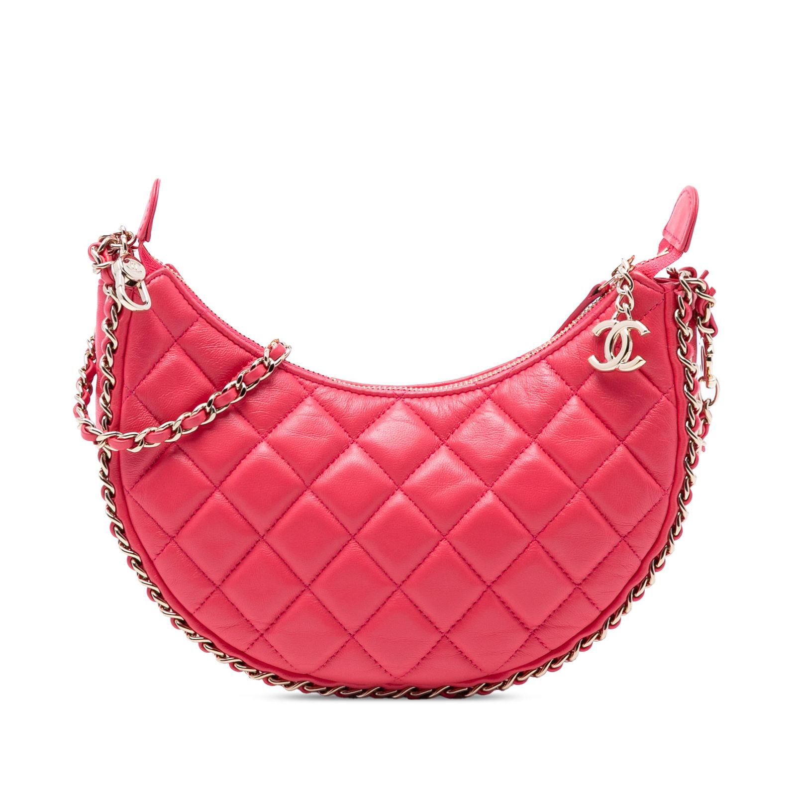 Pink Chanel Chain Around Hook Small Lambskin Quilted Hobo Crossbody Bag: Pink Chanel Chain Around Hook Small Lambskin Quilted Hobo Crossbody Bag This Chanel Small Quilted Lambskin Chain Around Hook Hobo Bag features a pink quilted lambskin leather body, a leather-woven cha