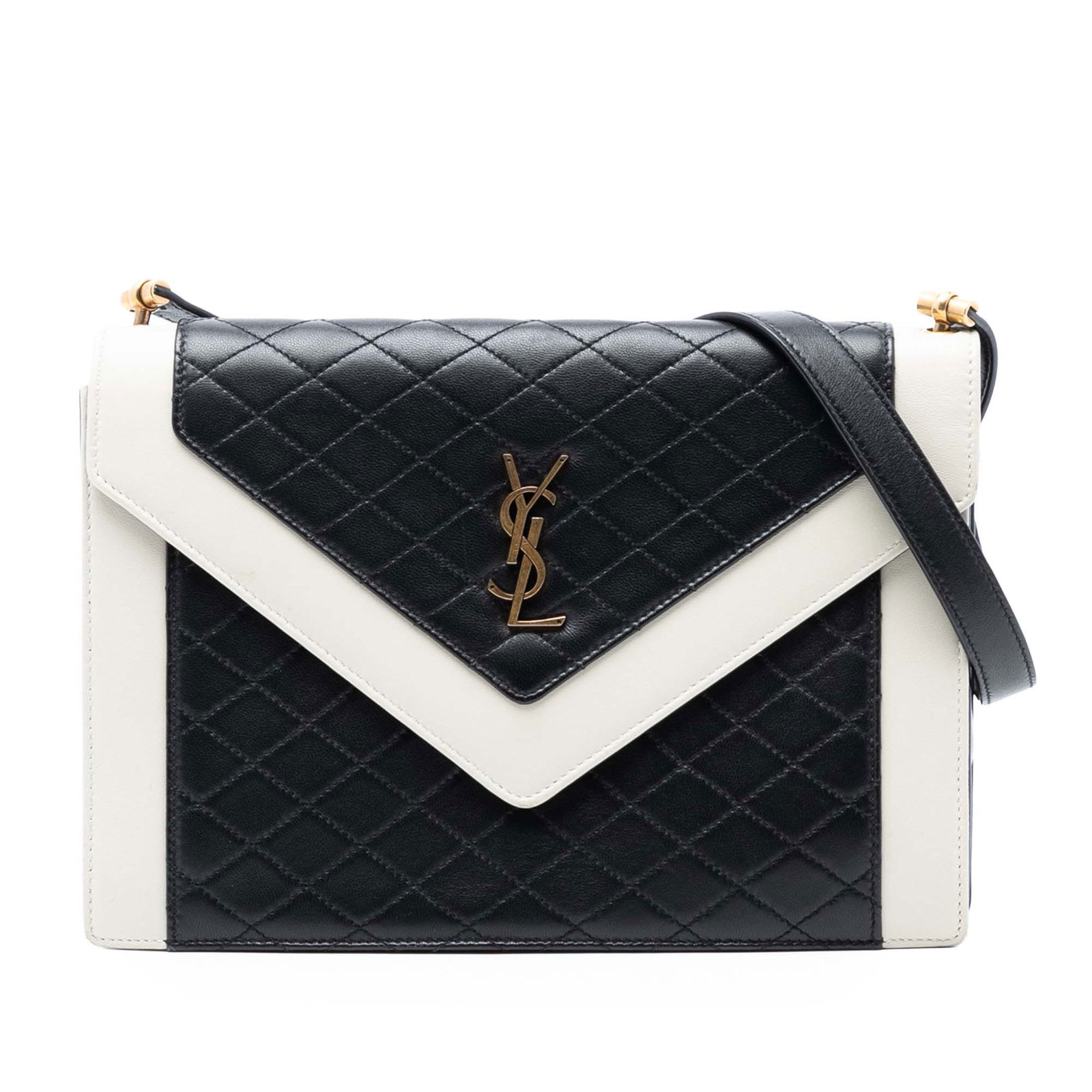 Bicolor Gaby Crossbody Quilted Lambskin Shoulder Bag by Saint Laurent: Bicolor Gaby Crossbody Quilted Lambskin Shoulder Bag by Saint Laurent This crossbody bag features a bicolor quilted lambskin leather body with an adjustable flat leather strap. It has a front flap wit