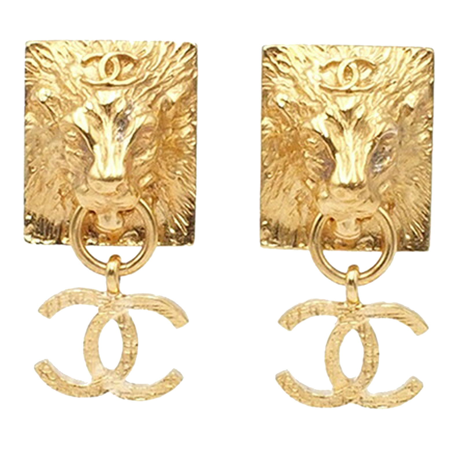Chanel Lion Head CC Drop Earrings Gold Tone Metal Push Back: Chanel Lion Head CC Drop Earrings Gold Tone Metal Push Back These Chanel earrings showcase a gold-tone metal design featuring a lion head and CC drop motif with a push back closure. Crafted in France,
