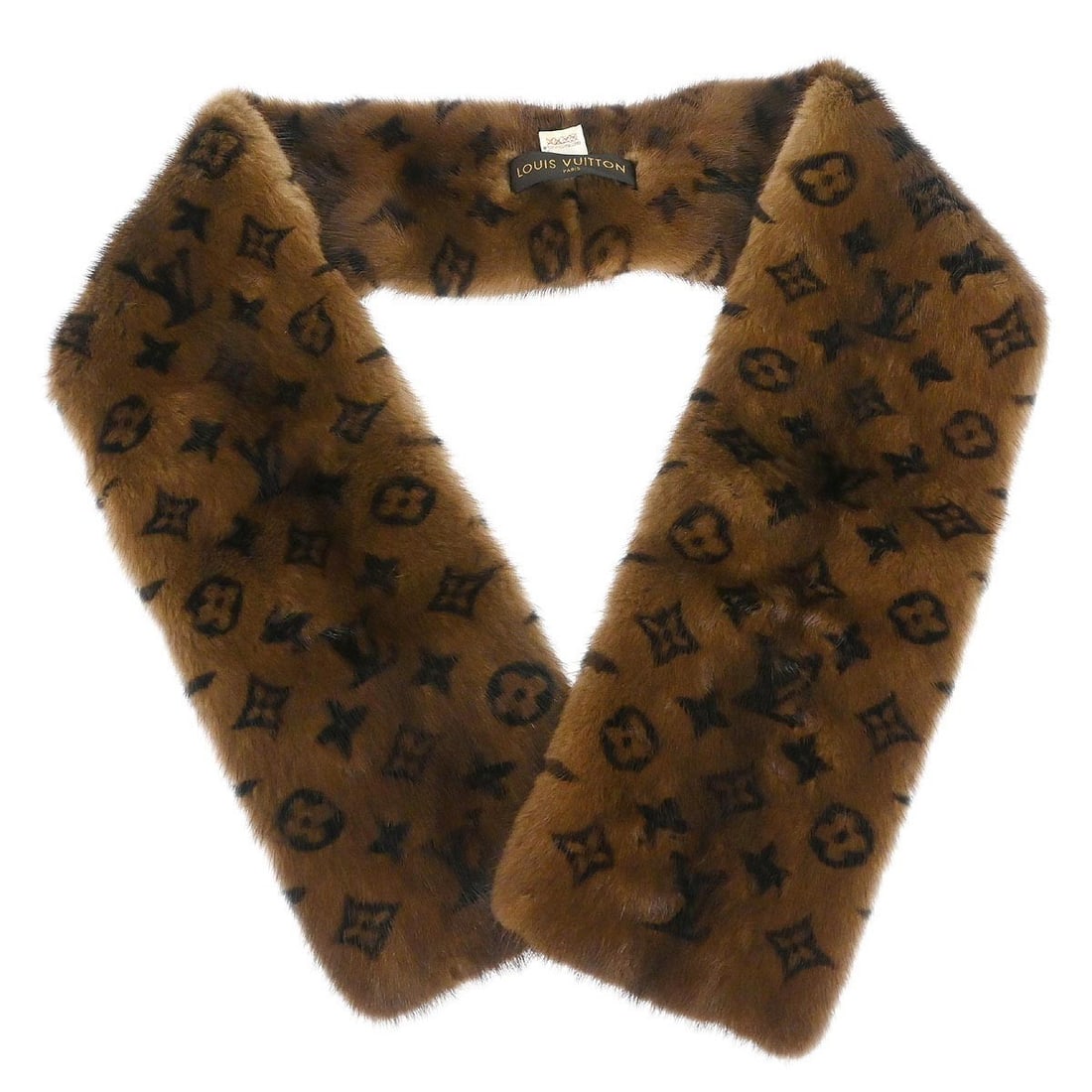 Louis Vuitton Brown Mink Fur Monogram Shawl Scarf M72245 France: Louis Vuitton Brown Mink Fur Monogram Shawl Scarf M72245 France This Louis Vuitton Monogram Mink Shawl Stole features a luxurious brown mink fur construction with the iconic monogram pattern. Crafted