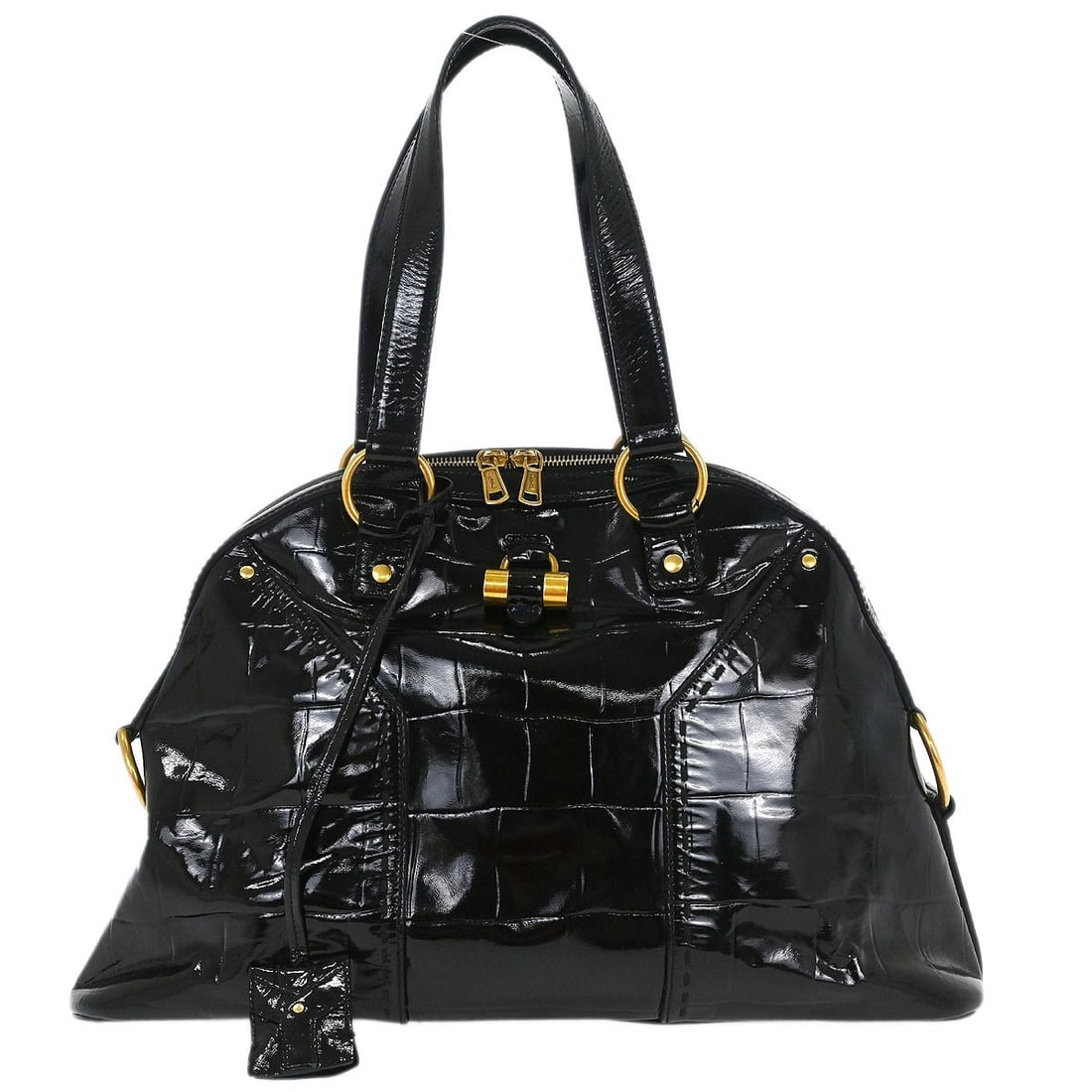 Black Leather Rive Gauche Muse Top Handle Bag by Yves Saint Laurent: Black Leather Rive Gauche Muse Top Handle Bag by Yves Saint Laurent This Yves Saint Laurent Rive Gauche Muse handbag is crafted from black leather and features a top handle design. The bag is accented