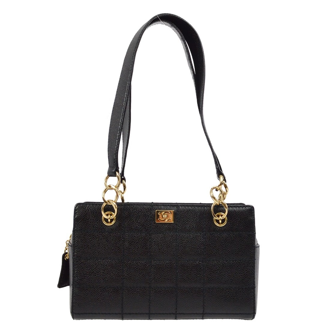 Chanel Black Caviar Small Top Handle Bag with Choco Bar Chain: Chanel Black Caviar Small Top Handle Bag with Choco Bar Chain This exquisite Chanel handbag showcases a sophisticated design crafted from luxurious black caviar skin. The small top handle bag features