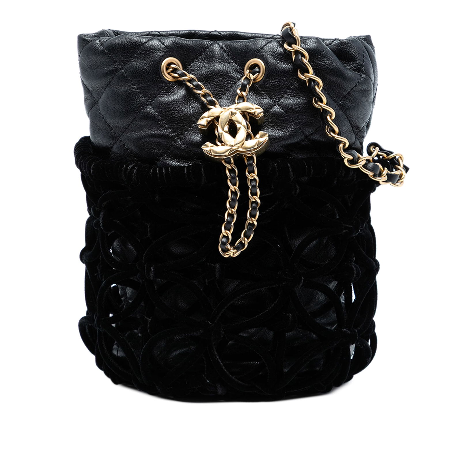 Chanel Braided Velvet Goatskin Quilted Drawstring Bucket Bag with Chain Strap: Chanel Braided Velvet Goatskin Quilted Drawstring Bucket Bag with Chain Strap This Chanel Braided Velvet Goatskin Drawstring Bucket bag features a quilted goatskin leather body with a braided velvet d