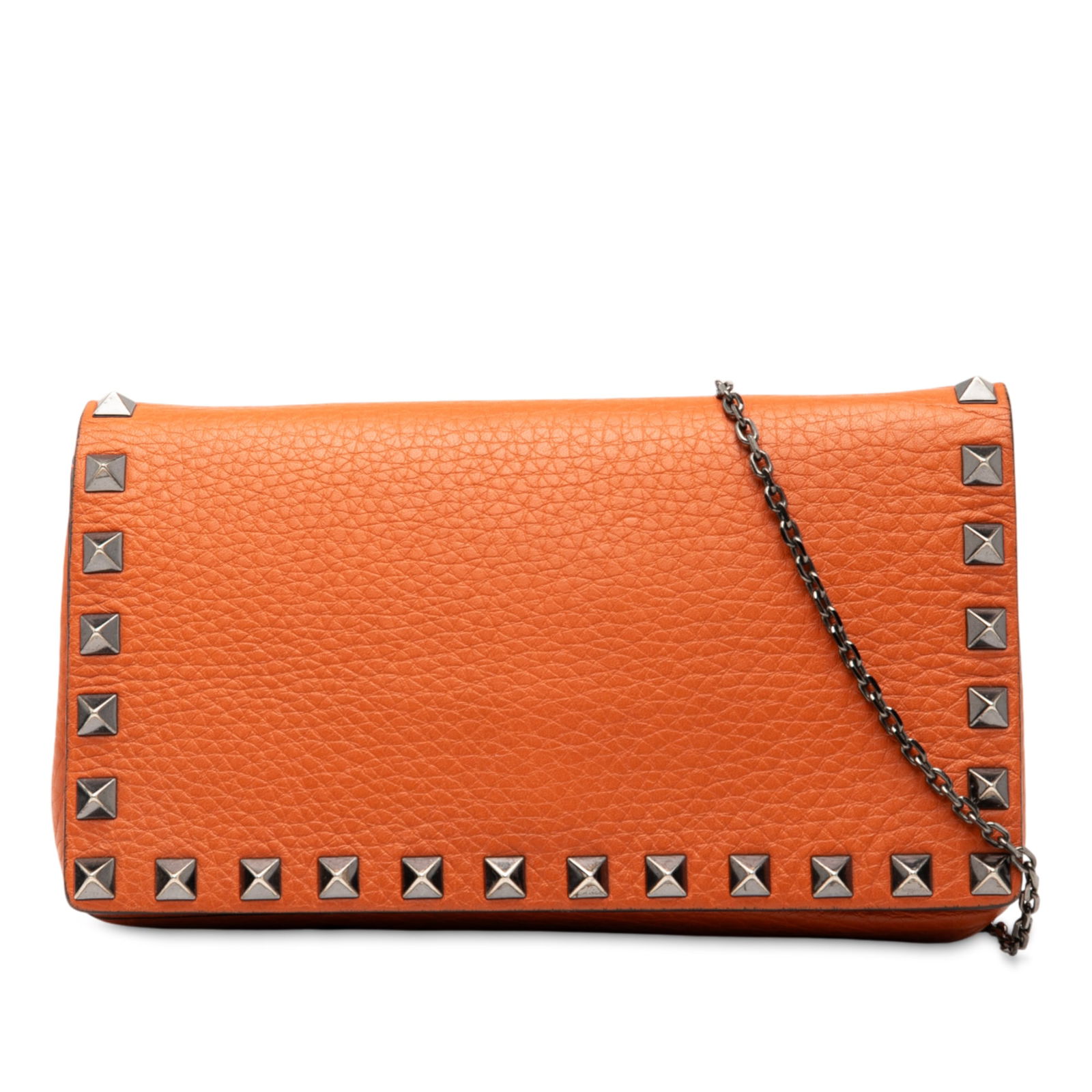 Valentino Orange Pebbled Calfskin Rockstud Clutch with Chain Strap: Valentino Orange Pebbled Calfskin Rockstud Clutch with Chain Strap This Valentino Pebbled Calfskin Rockstud Clutch on Chain is a stylish crossbody bag crafted from high-quality leather. It features di