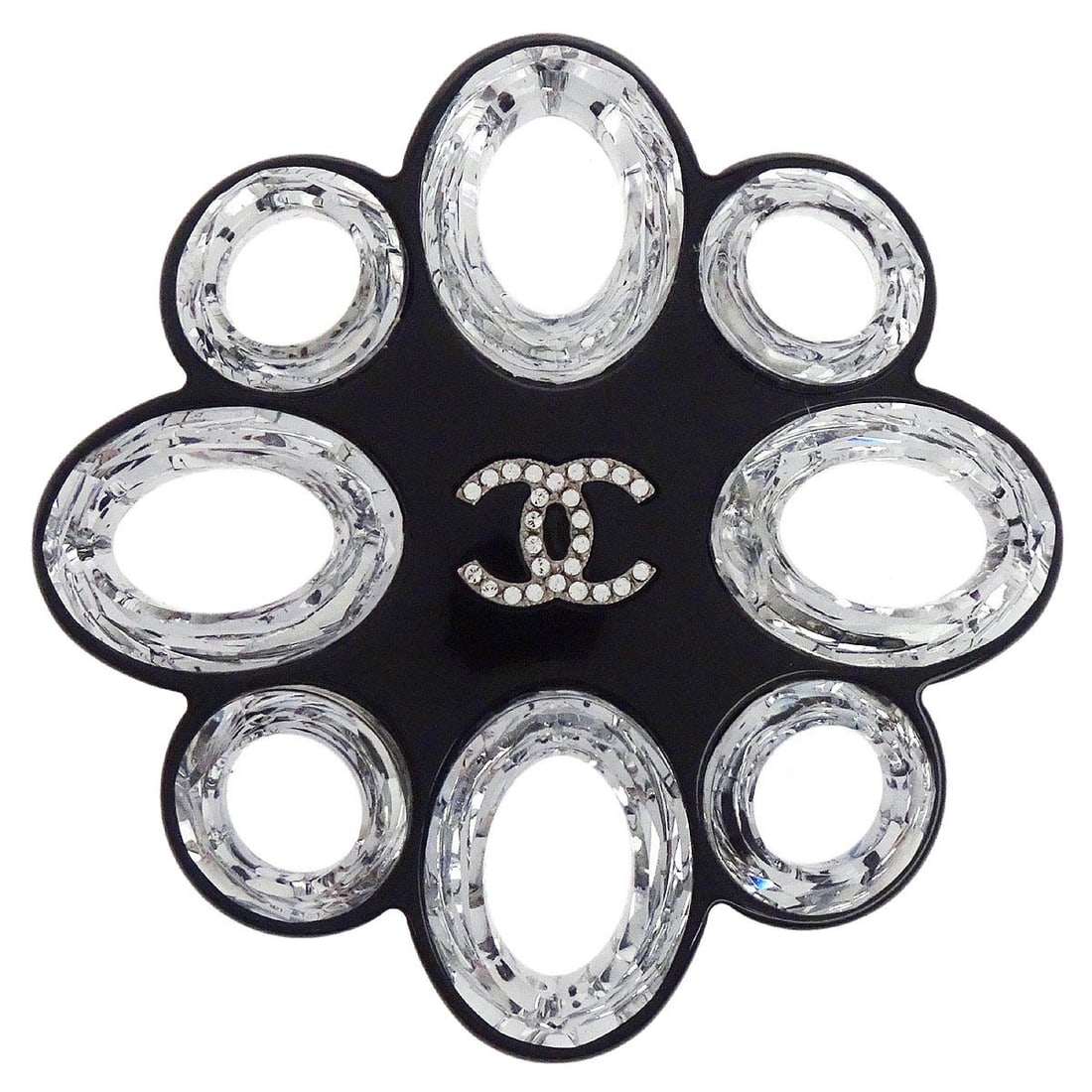 Silver Plated Black CC Brooch with Rhinestones by Chanel 16P: Silver Plated Black CC Brooch with Rhinestones by Chanel 16P This Chanel CC brooch pin features a black design adorned with rhinestones, crafted from silver-plated material. Made in France, it showcas