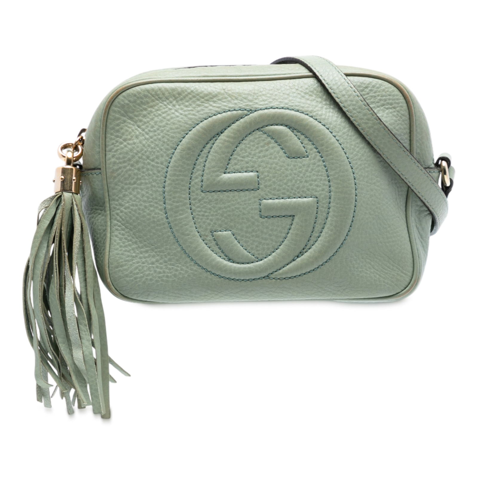 Green Gucci Soho Disco Leather Crossbody Bag with Tassel Detail: Green Gucci Soho Disco Leather Crossbody Bag with Tassel Detail This Gucci Soho Disco crossbody bag is crafted from green leather and features an adjustable flat leather strap, a tassel detail, top zi