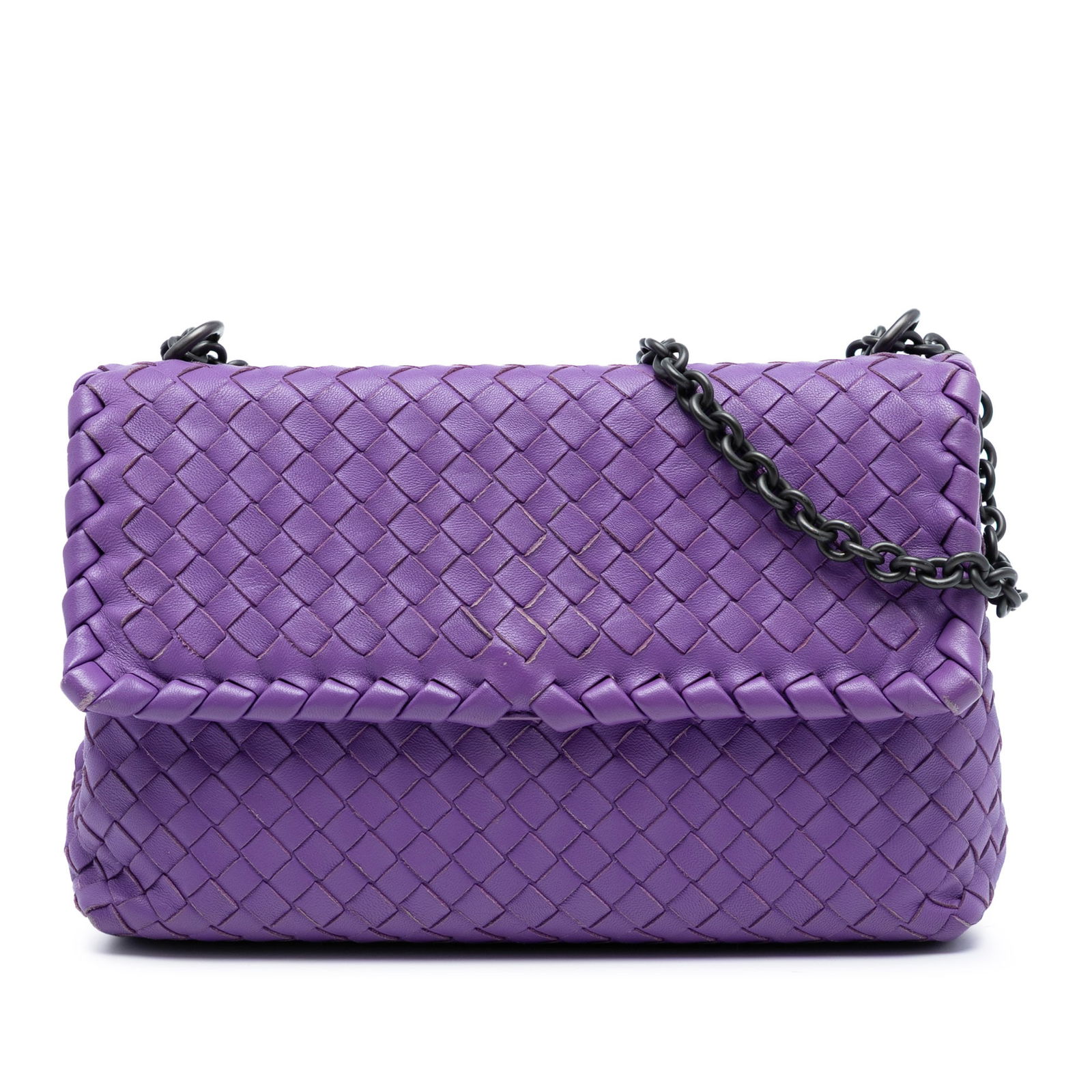 Medium Olimpia Intrecciato Shoulder Bag in Woven Nappa Leather: Medium Olimpia Intrecciato Shoulder Bag in Woven Nappa Leather This Bottega Veneta Medium Nappa Intrecciato Olimpia Shoulder Bag features a woven nappa leather exterior in purple, a chain link strap w