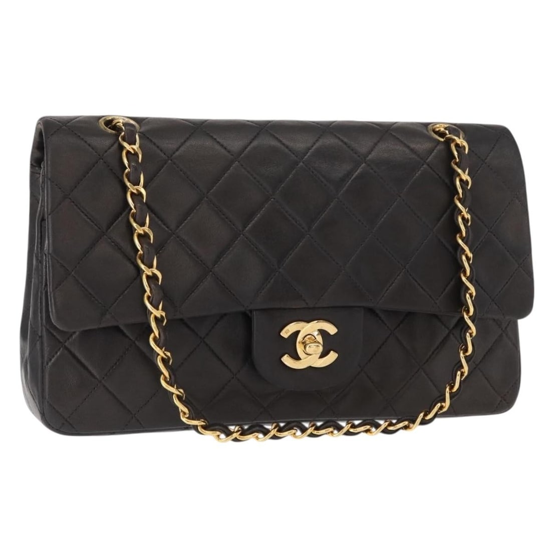 Chanel Matelasse 25 Black Lambskin Gold Chain Shoulder Bag with Dust Bag: Chanel Matelasse 25 Black Lambskin Gold Chain Shoulder Bag with Dust Bag This CHANEL Matelasse 25 shoulder bag is crafted from black lambskin leather and features a gold-tone CC clasp. The bag include
