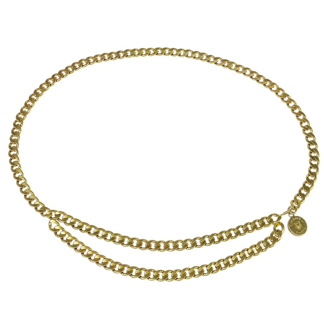 Chanel Gold-Plated Medallion Button Chain Belt 95P: Chanel Gold-Plated Medallion Button Chain Belt 95P Elevate your accessory collection with this stunning Chanel Gold Medallion Button Chain Belt. Crafted from gold-plated material, this belt features a