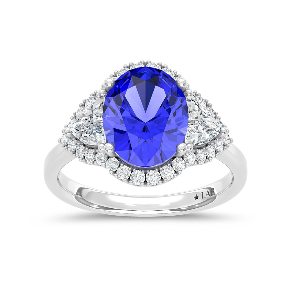 14K White Gold Lab Grown Diamond 4 5/8 Ct.Tw. Cushion Shape Recrystalized Blue Sapphire Engagement: 14K White Gold Lab Grown Diamond 4 5/8 Ct.Tw. Cushion Shape Recrystalized Blue Sapphire Engagement Ring (Center 3 5/8 ct) Exude timeless elegance with this 14K white gold engagement ring, featuring a