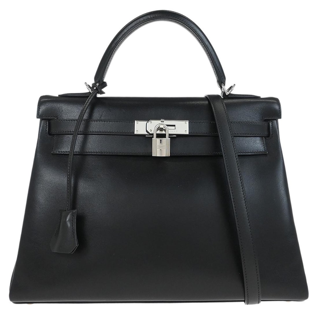 Hermes Kelly 32 Black Box Calf Leather Top Handle Silver Hardware Bag: Hermes Kelly 32 Black Box Calf Leather Top Handle Silver Hardware Bag This Hermes Kelly 32 Retourne 2-way handbag is crafted from black Box Calf leather and features a structured silhouette with silve