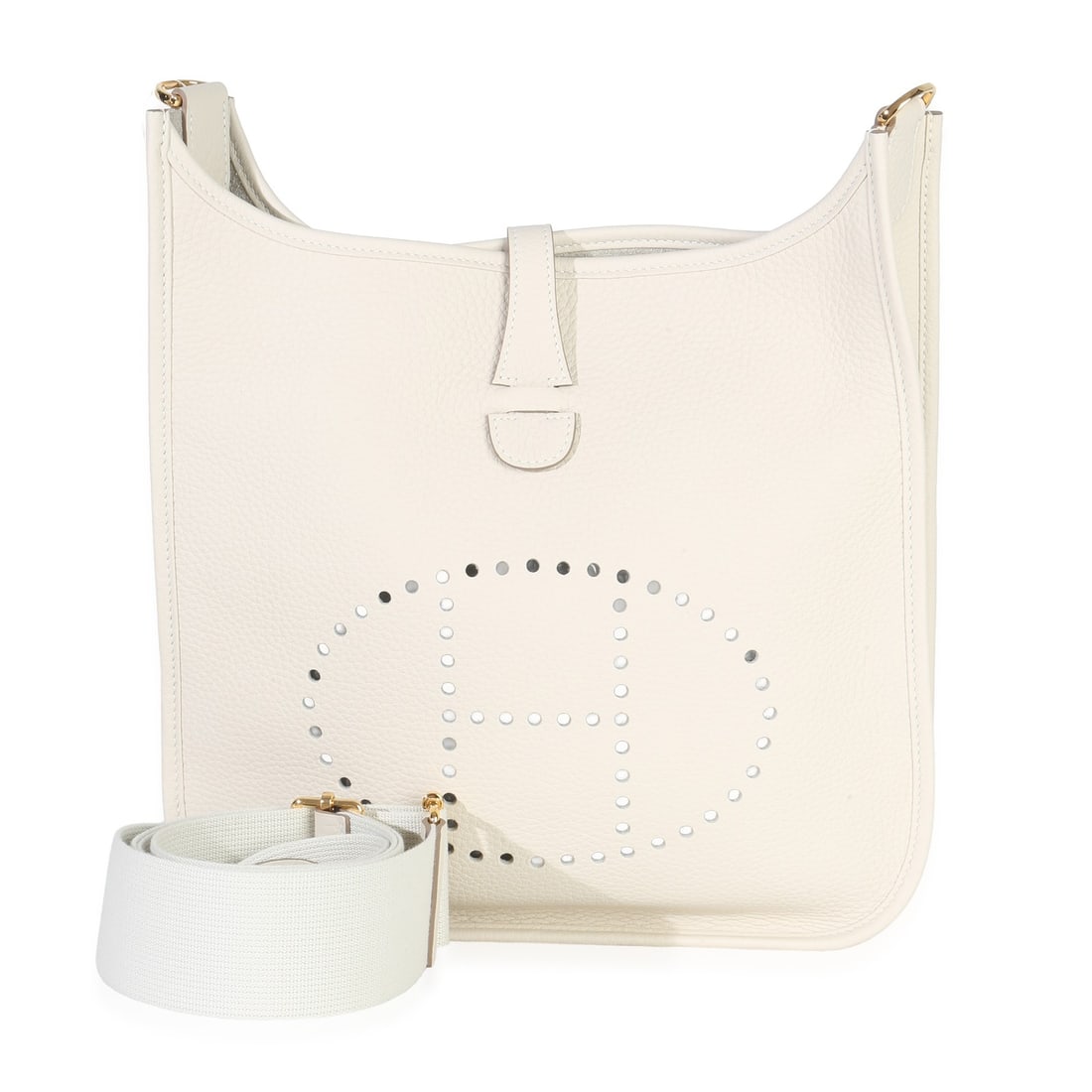 Evelyne III PM Shoulder Bag in Craie Clemence Leather with Gold Tone Hardware: Evelyne III PM Shoulder Bag in Craie Clemence Leather with Gold Tone Hardware This Hermes Evelyne III PM shoulder bag is crafted from Clemence leather in a neutral white color and features gold-tone h