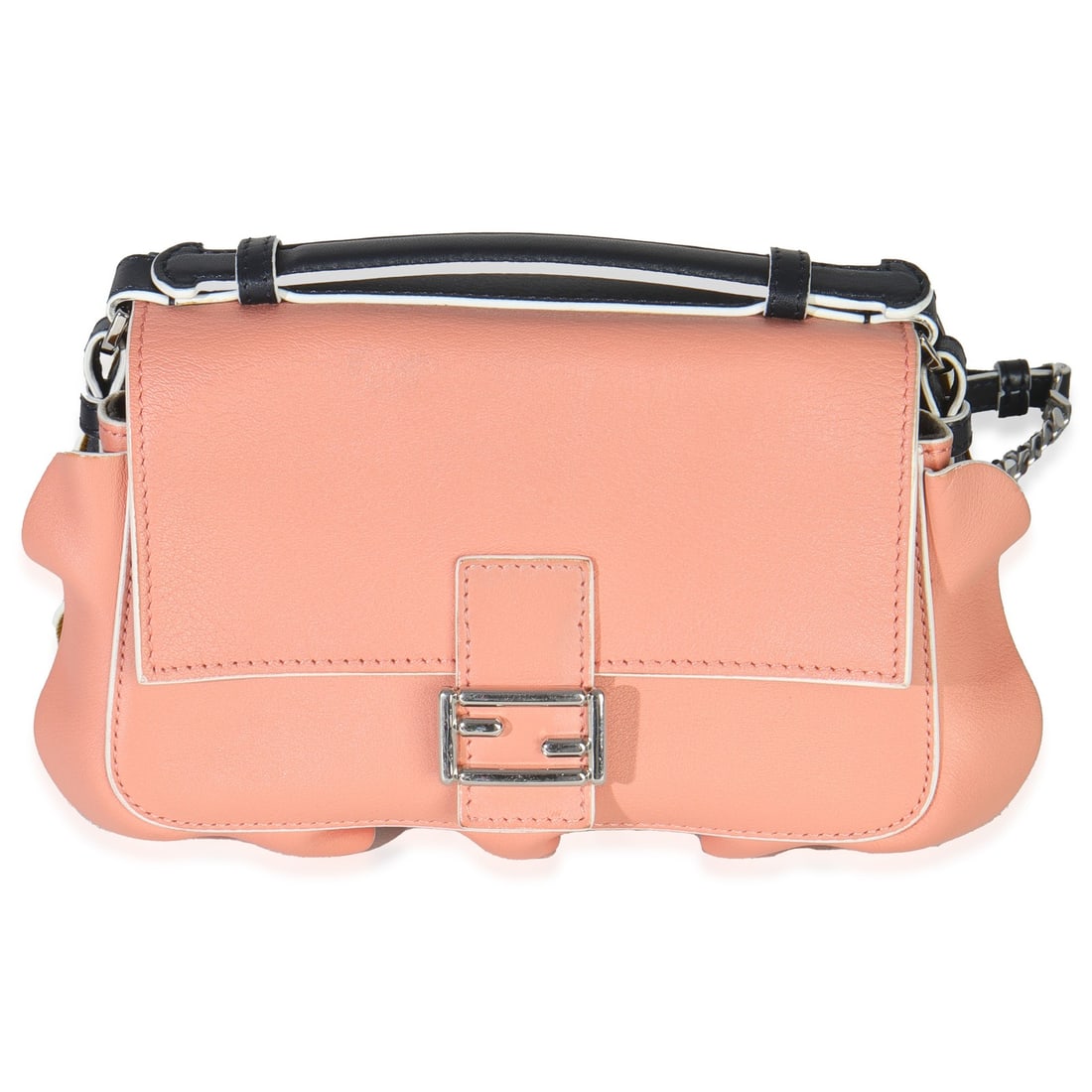 Fendi Double Micro Baguette Leather Crossbody Bag in Blue and Pink: Fendi Double Micro Baguette Leather Crossbody Bag in Blue and Pink This Fendi Wave Double Micro Baguette is crafted from black and pink leather, featuring a stylish wave design. The crossbody and even