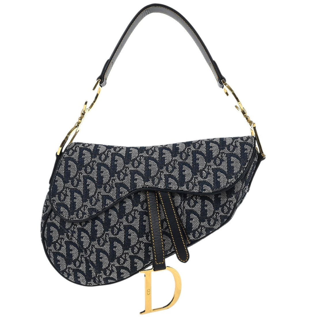 Dior Saddle Bag Navy Canvas and Leather Shoulder Handbag RU1012: Dior Saddle Bag Navy Canvas and Leather Shoulder Handbag RU1012 This Christian Dior navy Trotter Saddle handbag features a medium-sized design crafted from canvas leather. The bag is styled with a sho