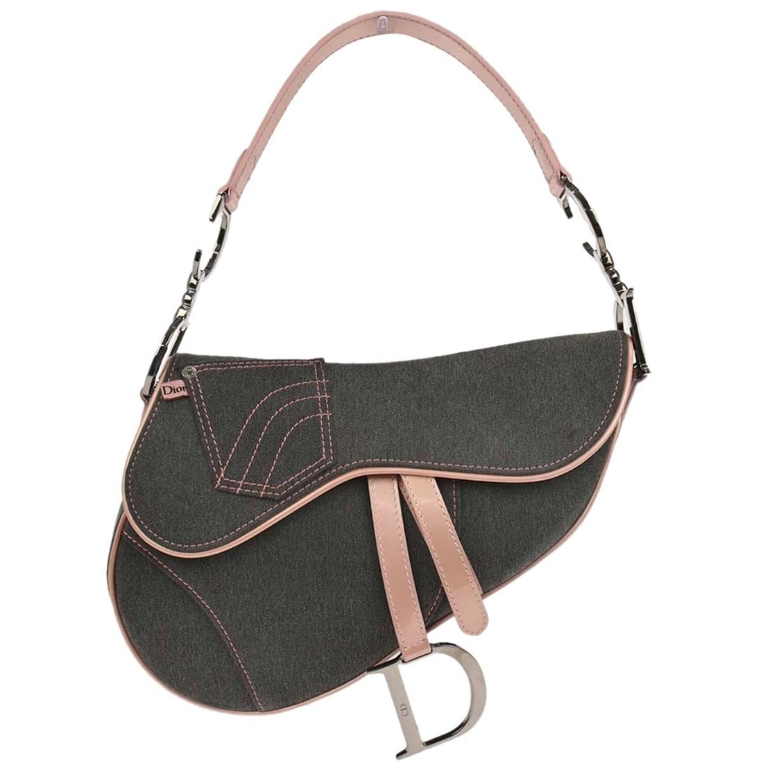 Dior Saddle Medium Denim Shoulder Bag Navy and Pink 01RU0093: Dior Saddle Medium Denim Shoulder Bag Navy and Pink 01RU0093 This Christian Dior Saddle handbag features a navy and pink denim leather exterior with a medium-sized silhouette. The bag is designed with