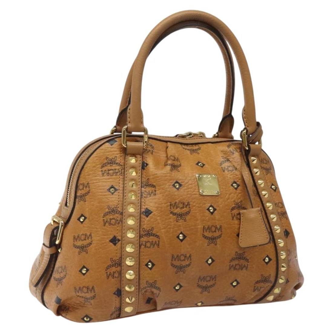 MCM Vicetos Logogram Hand Bag PVC Leather Brown Gold Auth: MCM Vicetos Logogram Hand Bag PVC Leather Brown Gold Auth This MCM Vicetos Logogram Hand Bag is designed in a chic brown and gold color scheme, expertly crafted from durable PVC leather. Measuring app
