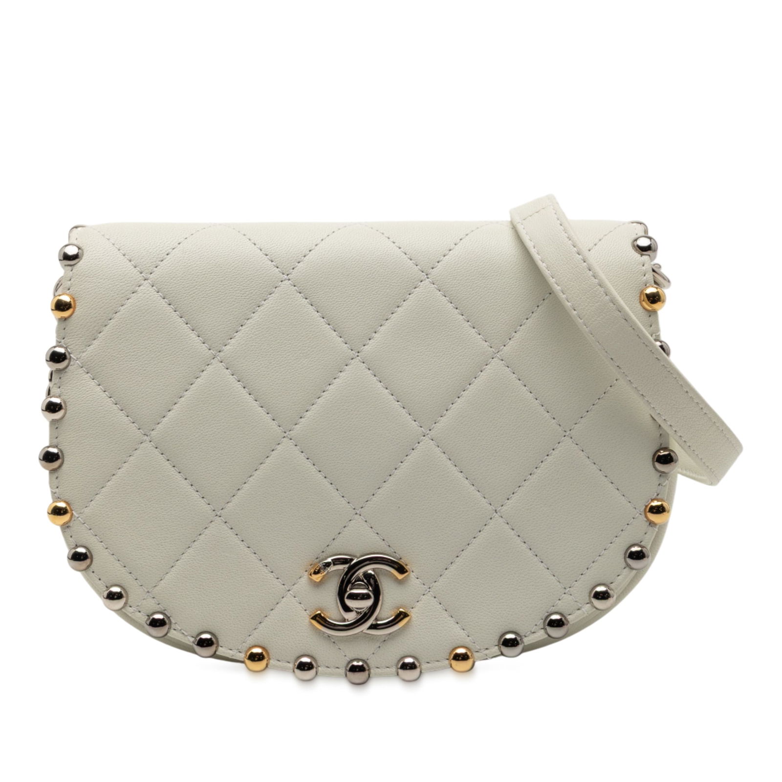 Chanel Studded Quilted Lambskin Bubble Flap Small Crossbody Bag White: Chanel Studded Quilted Lambskin Bubble Flap Small Crossbody Bag White This Chanel Small Quilted Lambskin Studded Bubble Flap crossbody bag features a white quilted lambskin leather exterior adorned wi