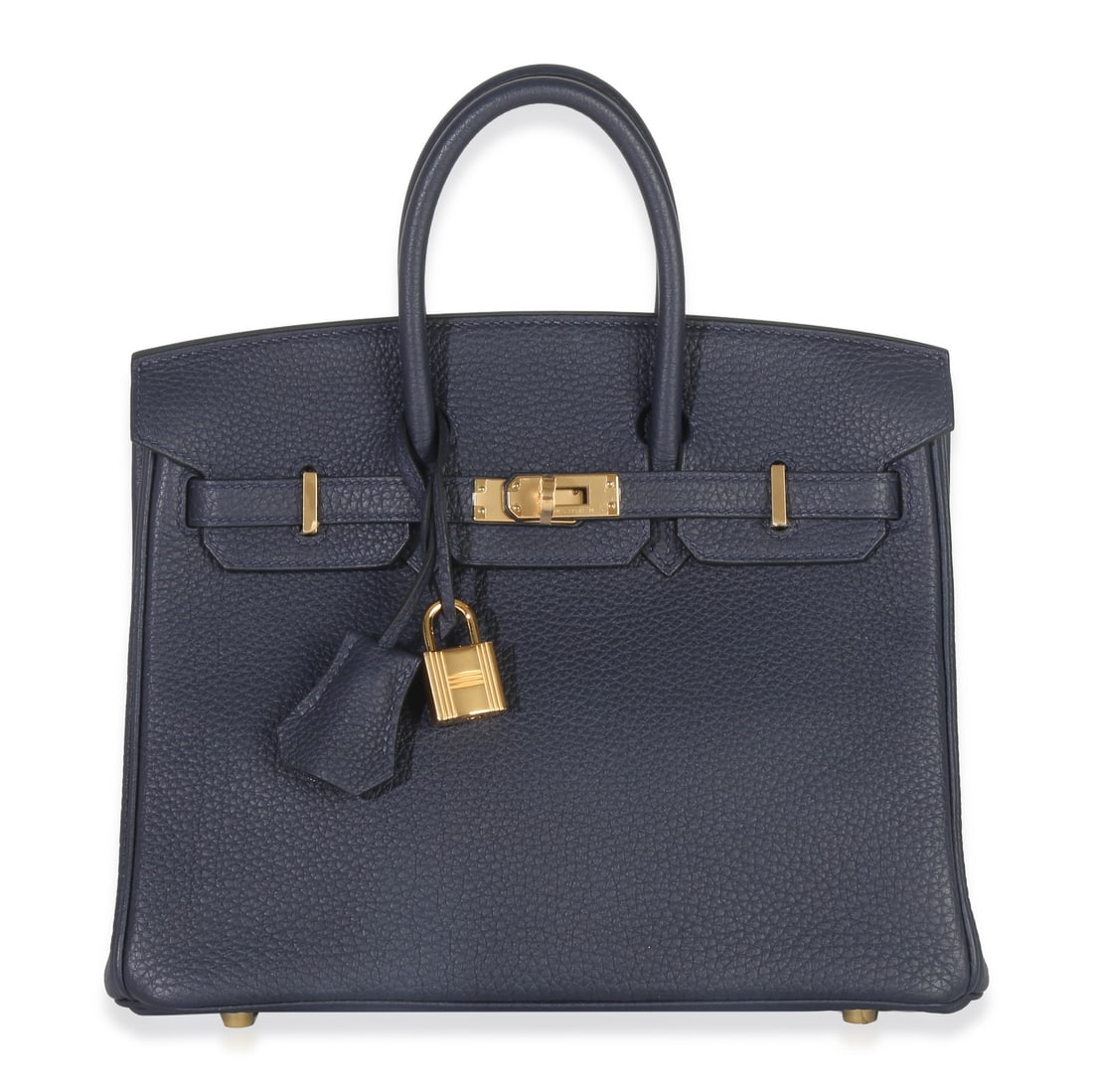 Birkin 25 Top Handle Leather Bag with Gold Tone Hardware and Accessories: Birkin 25 Top Handle Leather Bag with Gold Tone Hardware and Accessories This Hermes Birkin 25 Retourne handbag is crafted from Bleu Nuit Togo leather and features a gold-tone turnlock closure. The ba