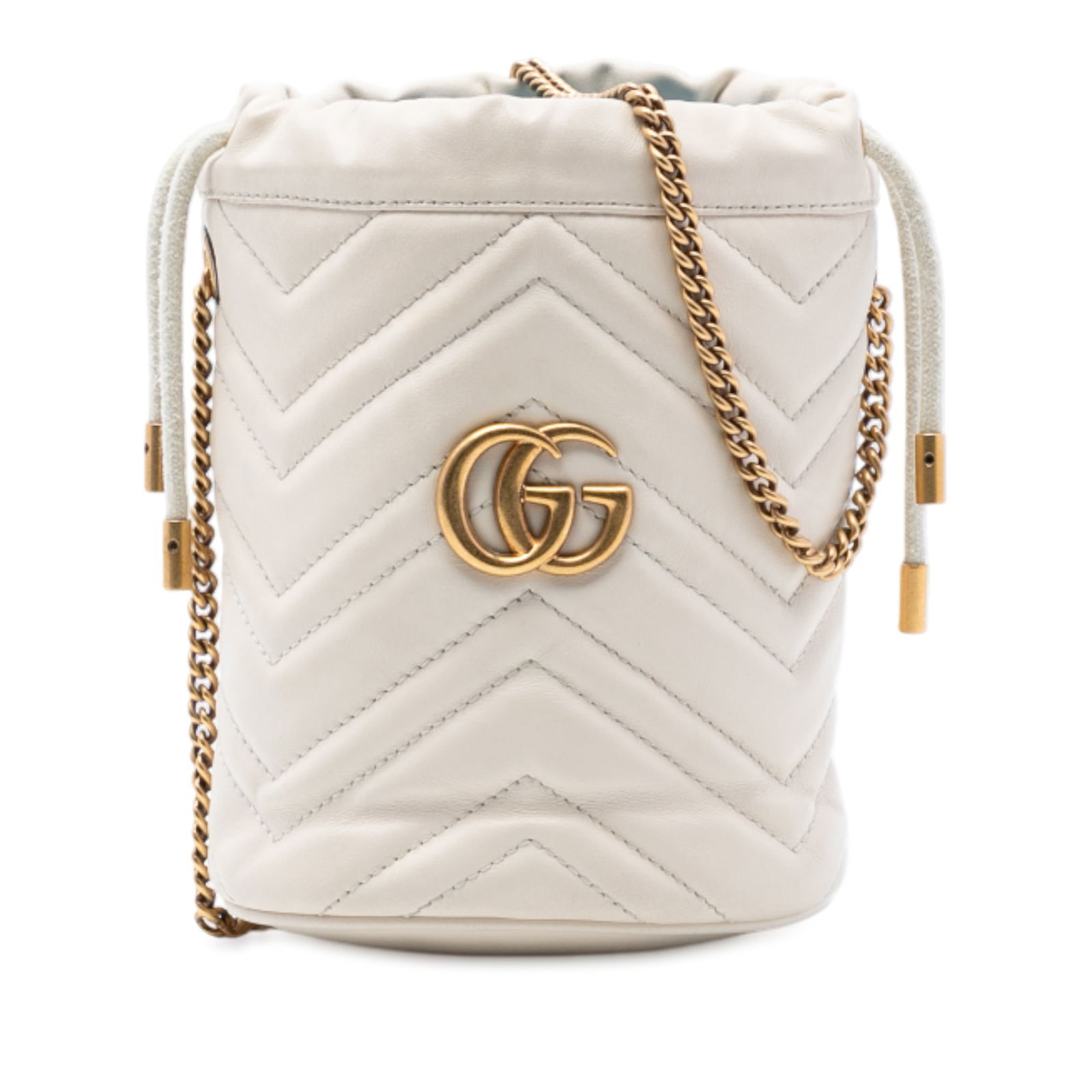 Gucci GG Marmont Small White Matelasse Leather Bucket Bag with Chain Strap: Gucci GG Marmont Small White Matelasse Leather Bucket Bag with Chain Strap This Gucci Small GG Marmont Leather Matelasse Bucket Bag features a quilted leather exterior in white, a chain strap, an open