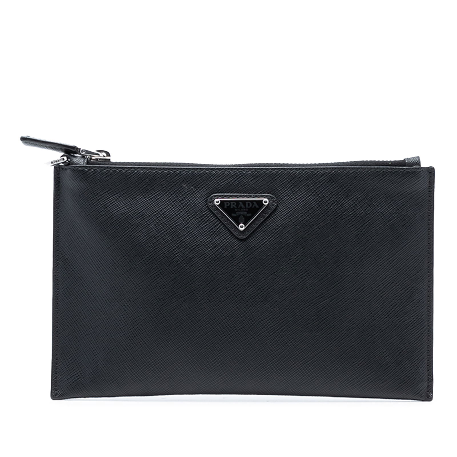 Black Leather Saffiano Clutch Bag by Prada with Zip Top: Black Leather Saffiano Clutch Bag by Prada with Zip Top This Prada Saffiano Clutch features a black leather body with a top zip closure. The bag shows signs of wear, including worn exterior corners an