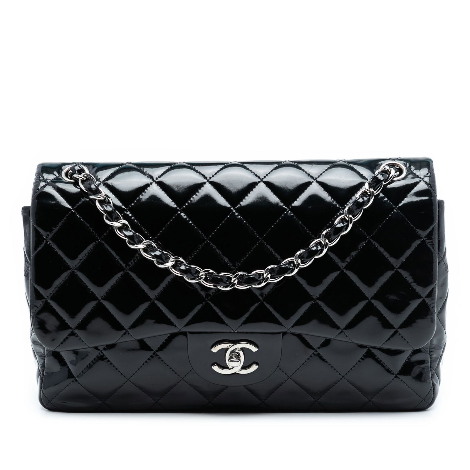 Black Patent Leather Chanel Jumbo Classic Double Flap Shoulder Bag: Black Patent Leather Chanel Jumbo Classic Double Flap Shoulder Bag This Chanel Jumbo Classic Patent Double Flap bag features a quilted patent leather exterior in black, complemented by leather-woven c