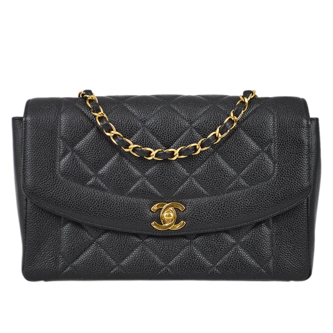Chanel Diana Medium Black Caviar Leather Crossbody Shoulder Bag: Chanel Diana Medium Black Caviar Leather Crossbody Shoulder Bag This Chanel Medium Diana shoulder bag features black caviar calfskin leather with a turn lock closure. Designed with a crossbody strap a