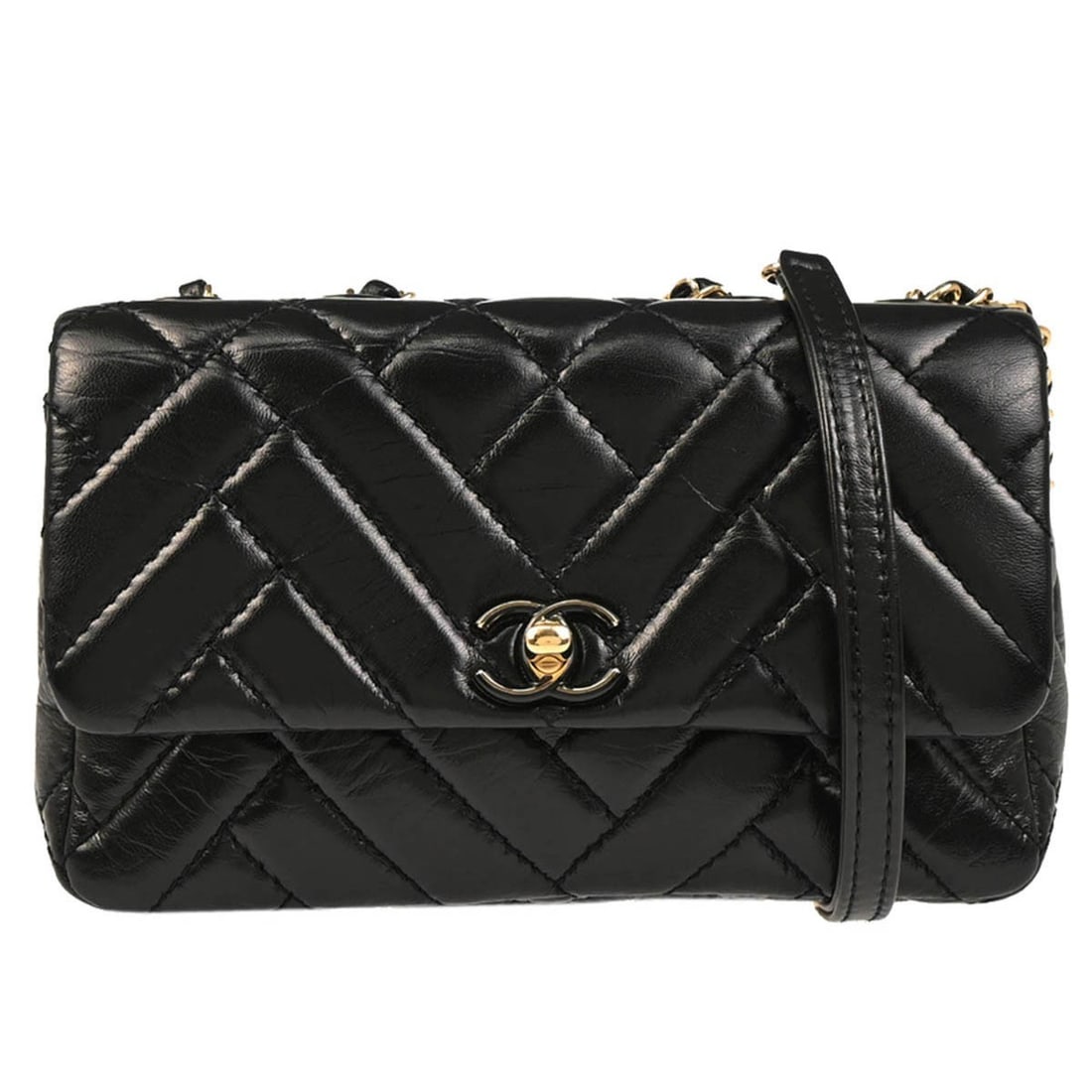 Chanel Black Lambskin Bias Stitch Flap Shoulder Bag: Chanel Black Lambskin Bias Stitch Flap Shoulder Bag This elegant Chanel Shoulder Bag is crafted from luxurious black lambskin and features a sophisticated bias stitch design. It has a practical turn l
