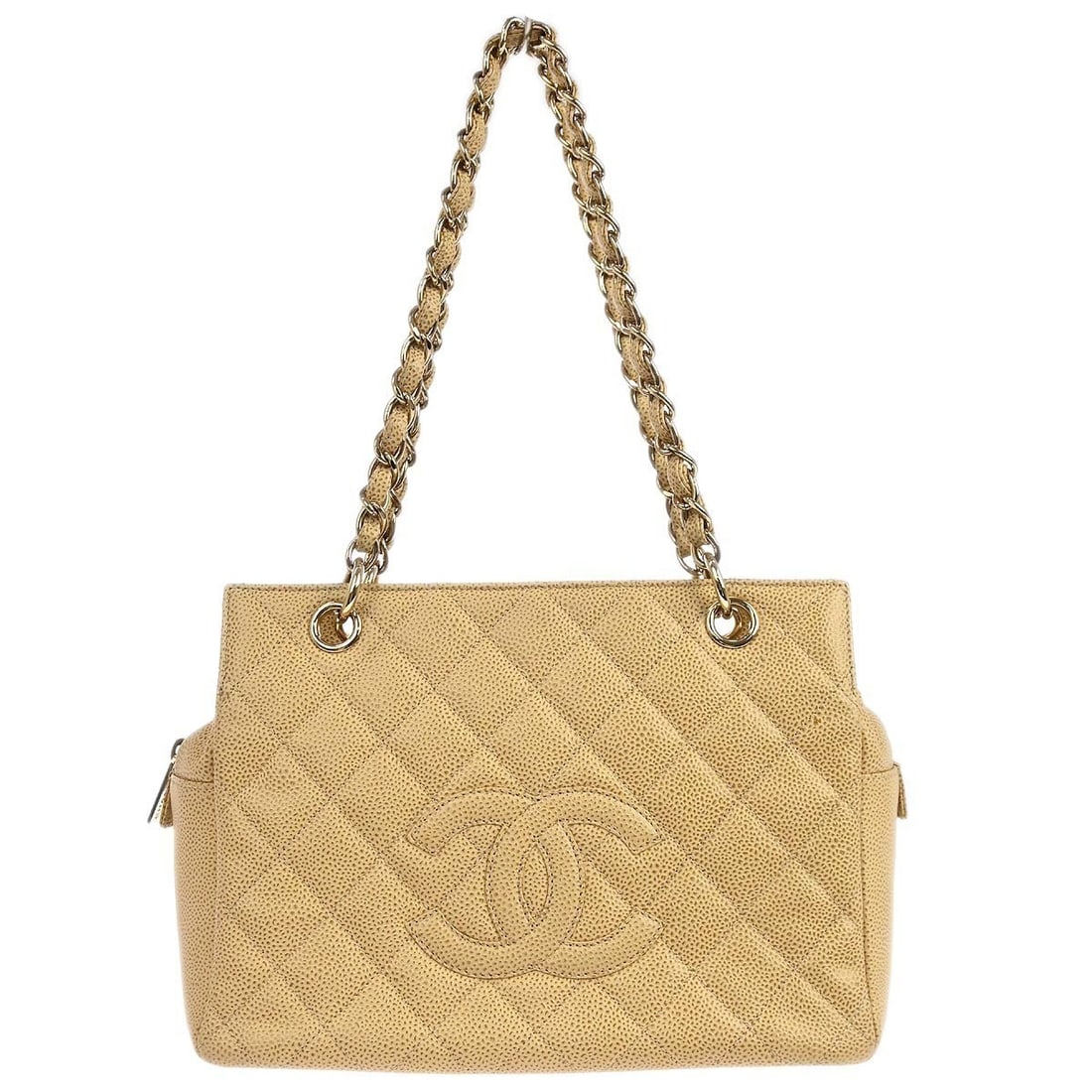 Beige Caviar Leather Petite Timeless Tote Bag with Chain by Chanel: Beige Caviar Leather Petite Timeless Tote Bag with Chain by Chanel This Chanel Petite Timeless Tote (PTT) is crafted from beige caviar skin leather with a quilted pattern and features a medium-sized s