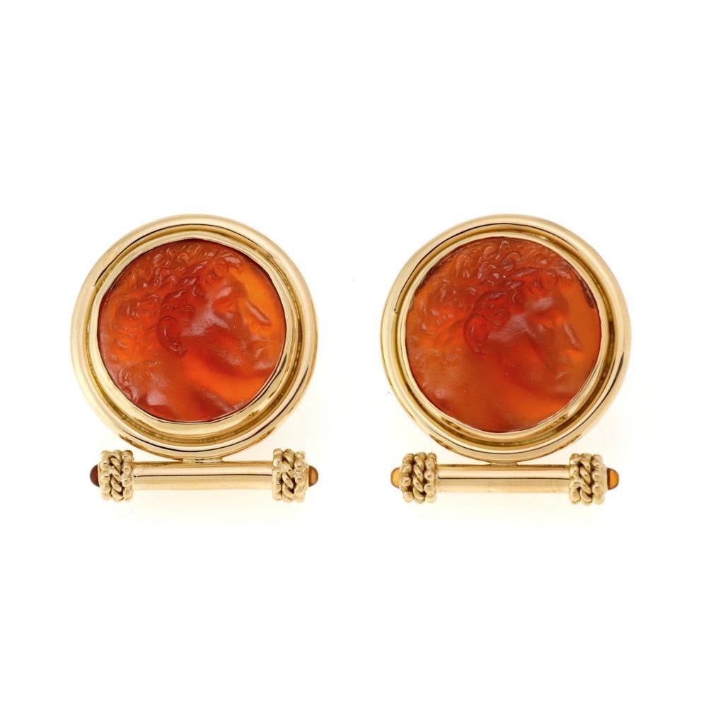 Elizabeth Locke 18k Gold Earrings with Carnelian Intaglio and Mother of Pearl: Elizabeth Locke 18k Gold Earrings with Carnelian Intaglio and Mother of Pearl Introducing a captivating pair of Elizabeth Locke earrings, expertly crafted from 18k yellow gold. These earrings feature
