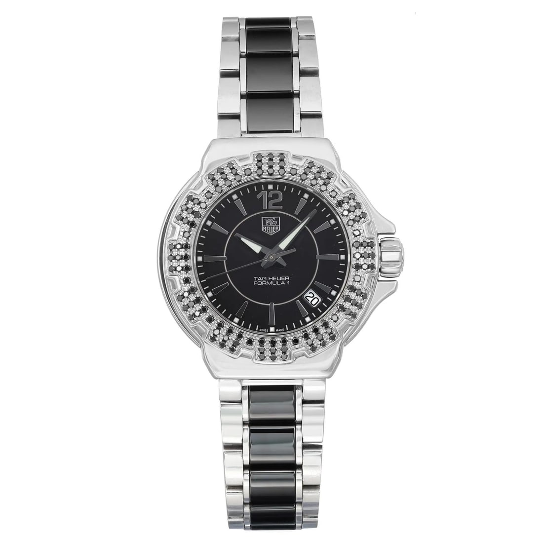 TAG Heuer Formula 1 Black Dial Ladies Watch 36mm Diamond Bezel Quartz: TAG Heuer Formula 1 Black Dial Ladies Watch 36mm Diamond Bezel Quartz This TAG Heuer Formula 1 ladies' wristwatch combines elegance and functionality, featuring a 36mm round stainless steel case with