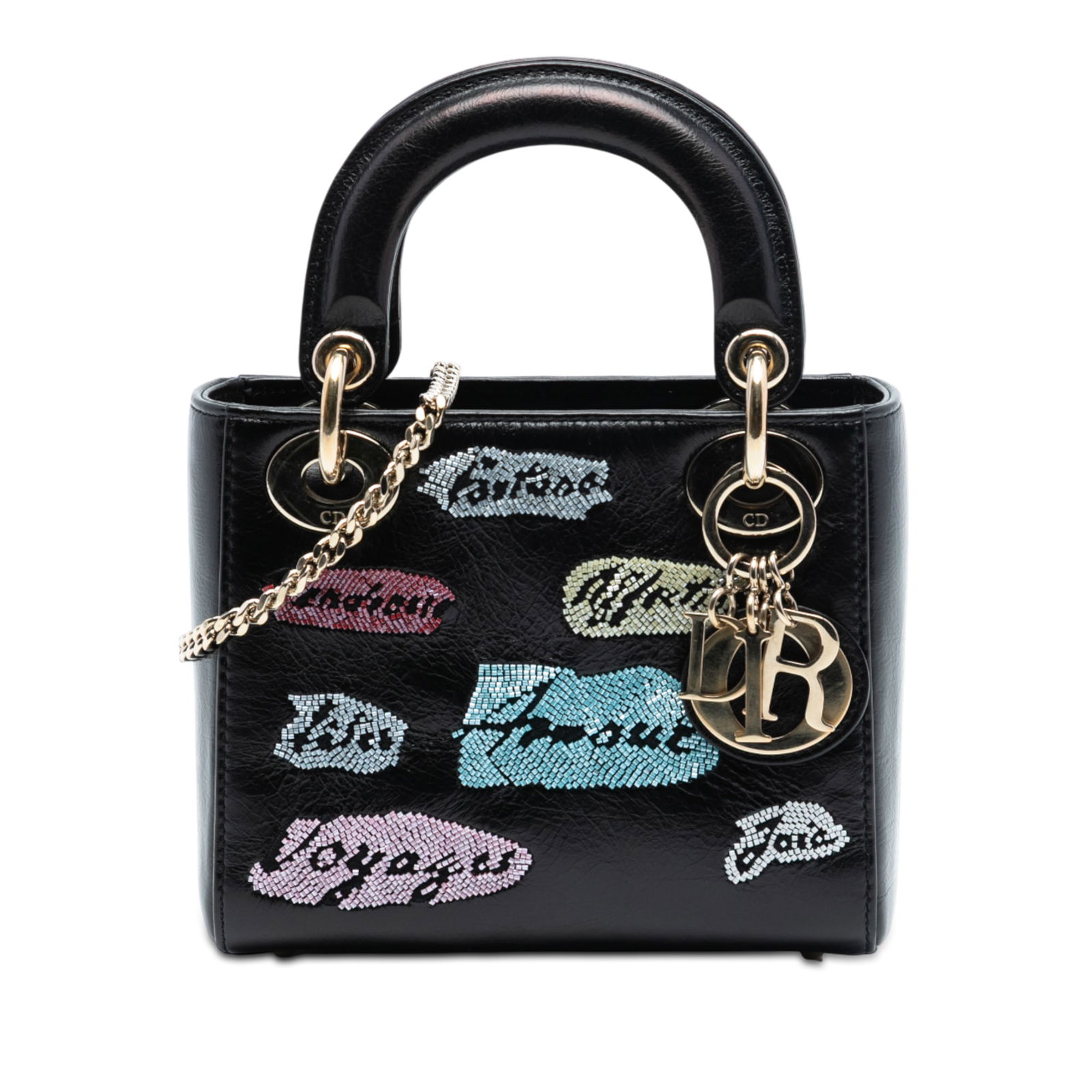 Dior Lady Dior Mini Black Calfskin Bag with Beaded Embellishments: Dior Lady Dior Mini Black Calfskin Bag with Beaded Embellishments This Mini Lady Dior handbag is crafted from black calfskin leather and features bead embellishments for a distinctive look. It include