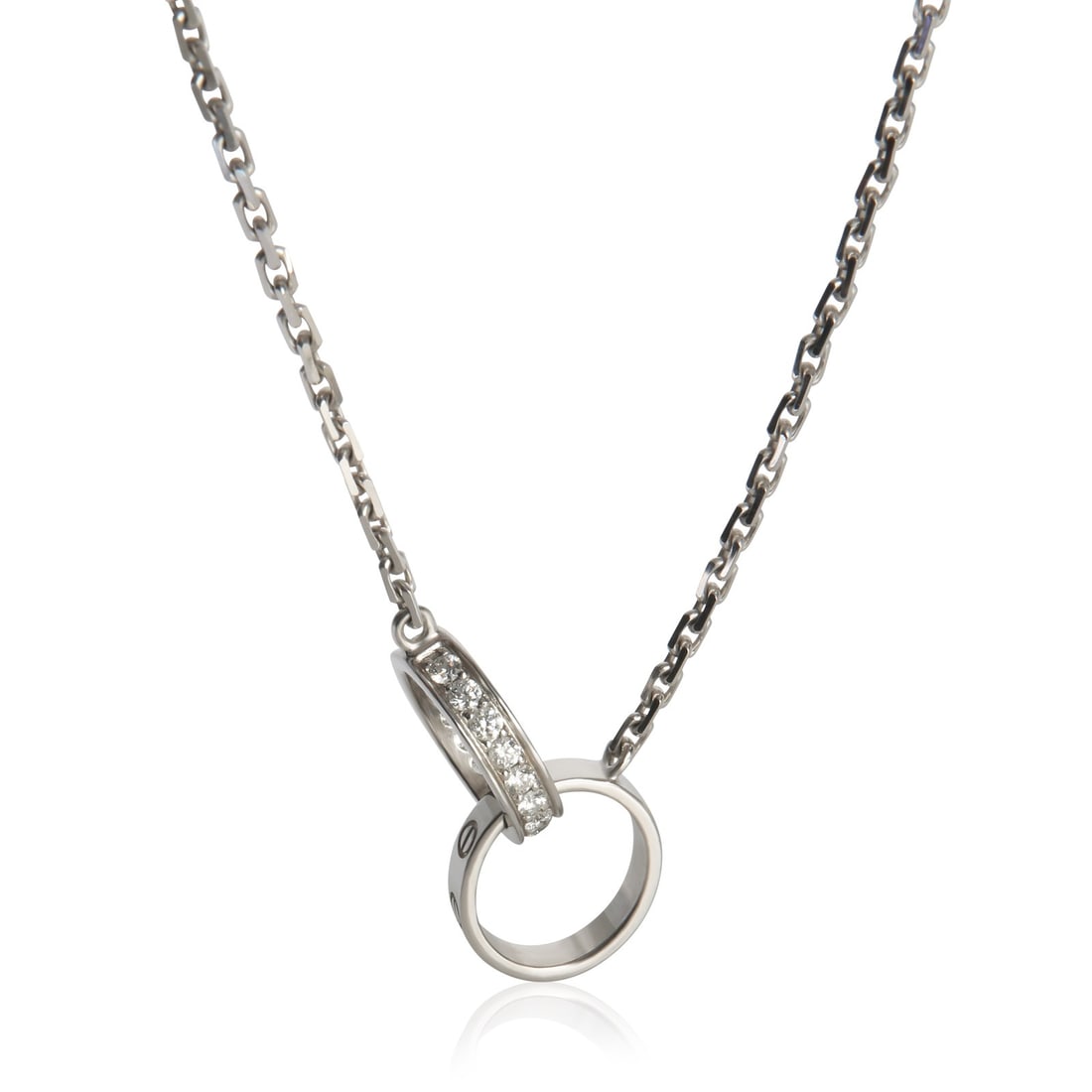 Cartier Love Collection 18k White Gold Necklace with Diamond Pendant 16 Inch: Cartier Love Collection 18k White Gold Necklace with Diamond Pendant 16 Inch This Cartier Love necklace features a round brilliant pendant set with white diamonds totaling 0.22 carats, crafted in 18k