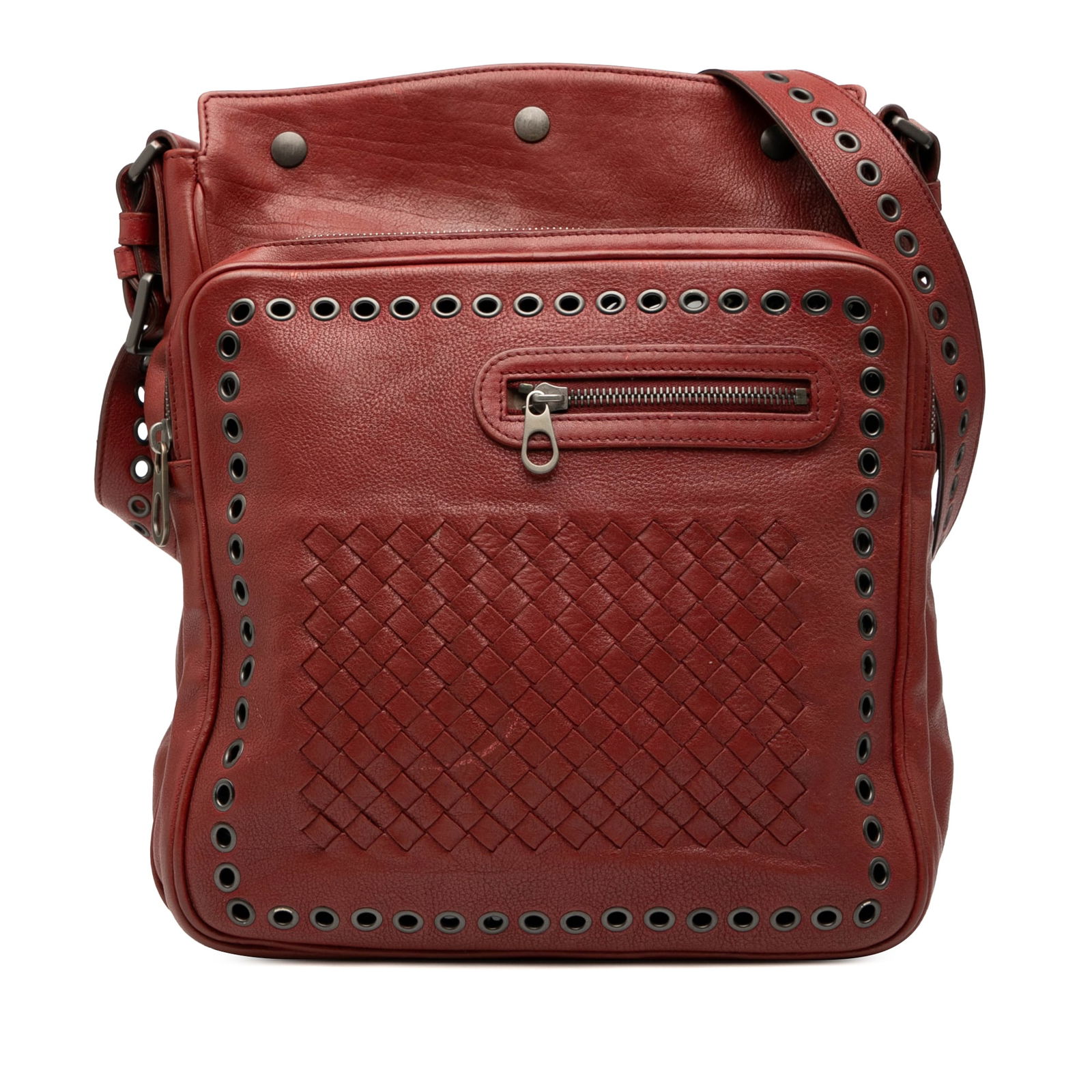 Bottega Veneta Red Nappa Intrecciato Grommet Crossbody Bag: Bottega Veneta Red Nappa Intrecciato Grommet Crossbody Bag Introducing the Bottega Veneta Nappa Intrecciato Grommet Crossbody, an exquisite blend of style and practicality. This sophisticated crossbod