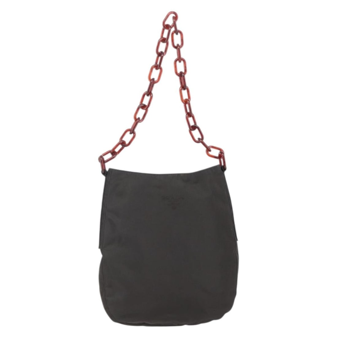 Prada Nylon Shoulder Bag with Resin Chain in Brown: Prada Nylon Shoulder Bag with Resin Chain in Brown This pre-owned Prada resin chain shoulder bag features a brown nylon body and chain strap. Designed for women, it offers a stylish and functional acc