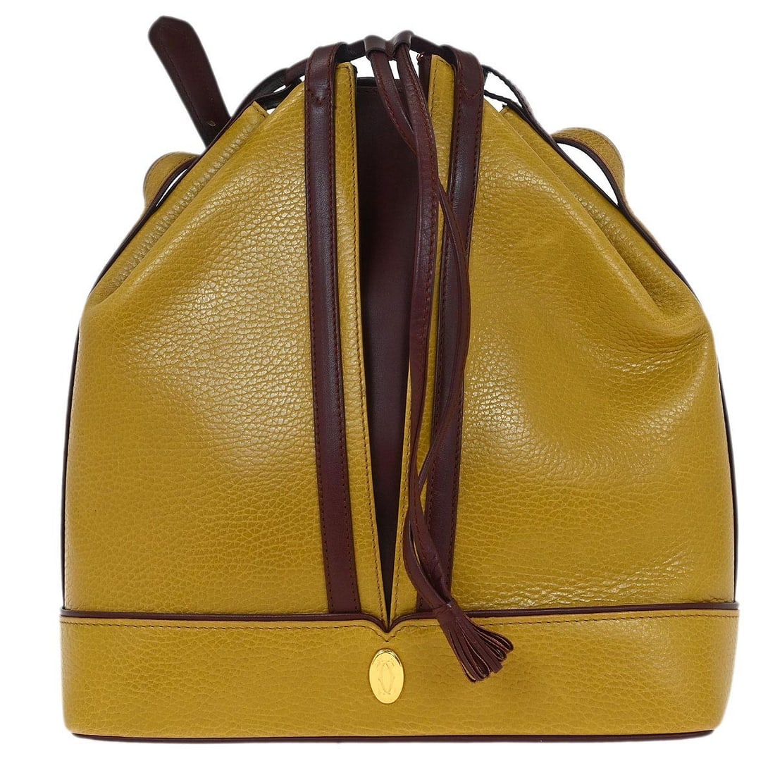 Cartier Yellow Leather Drawstring Shoulder Bag Vintage: Cartier Yellow Leather Drawstring Shoulder Bag Vintage This exquisite vintage Cartier shoulder bag features a vibrant yellow leather exterior, showcasing a stylish bucket design with a drawstring clos
