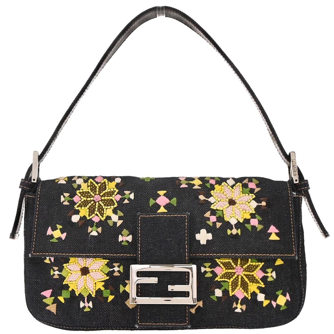 Fendi Navy Denim Beaded Baguette Handbag with Silver Hardware: Fendi Navy Denim Beaded Baguette Handbag with Silver Hardware Elevate your accessory collection with this stunning Fendi Navy Denim Beaded Baguette Handbag. This medium-sized handbag features a chic n