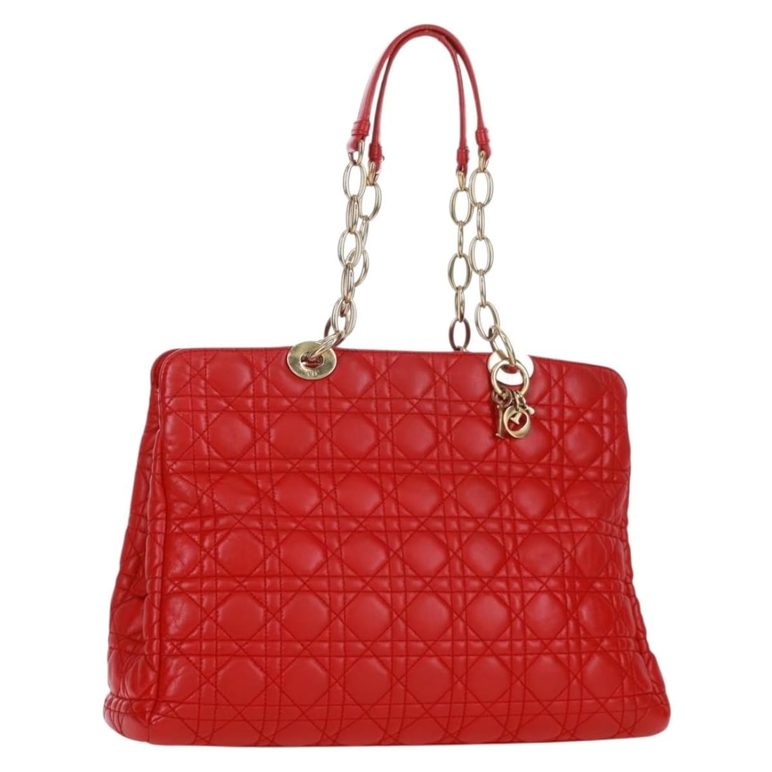 Red Lambskin Tote with Chain Handles by Christian Dior Cannage: Red Lambskin Tote with Chain Handles by Christian Dior Cannage This Christian Dior Canage Chain tote bag is crafted from lambskin in a red and gold color scheme. The bag features chain handles with a