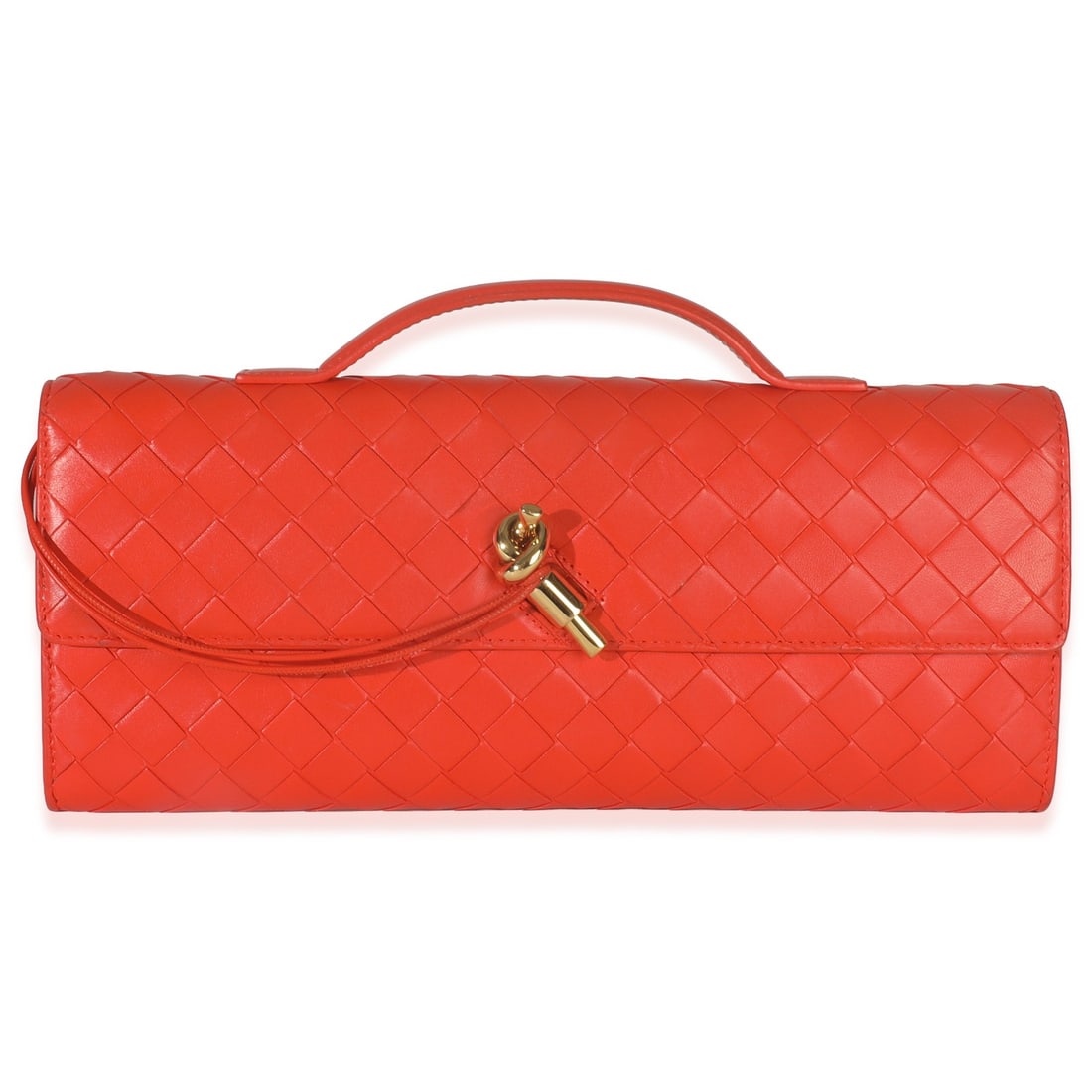 Andiamo Long Top Handle Clutch in Orange Nappa Intrecciato Leather: Andiamo Long Top Handle Clutch in Orange Nappa Intrecciato Leather This Bottega Veneta Andiamo Top Handle Clutch features the signature Intrecciato Nappa leather in a vibrant cherry tomato orange. The