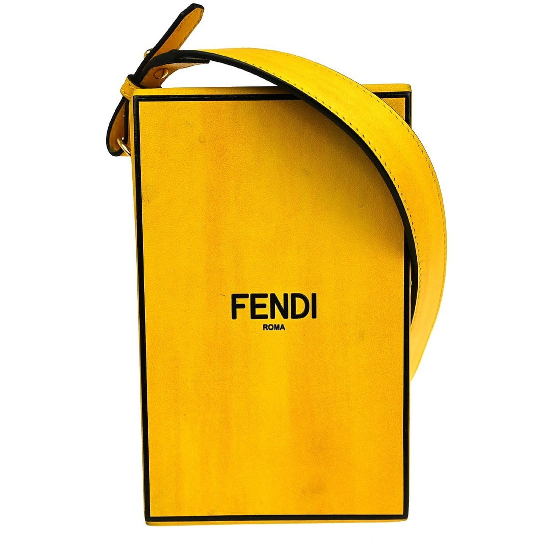 Fendi Pequin Yellow Leather Small Shoulder Bag 7VA519-ADP6: Fendi Pequin Yellow Leather Small Shoulder Bag 7VA519-ADP6 This Fendi yellow square box shoulder bag features the iconic Pequin pattern and logo accents. Crafted from leather with a black leather lini