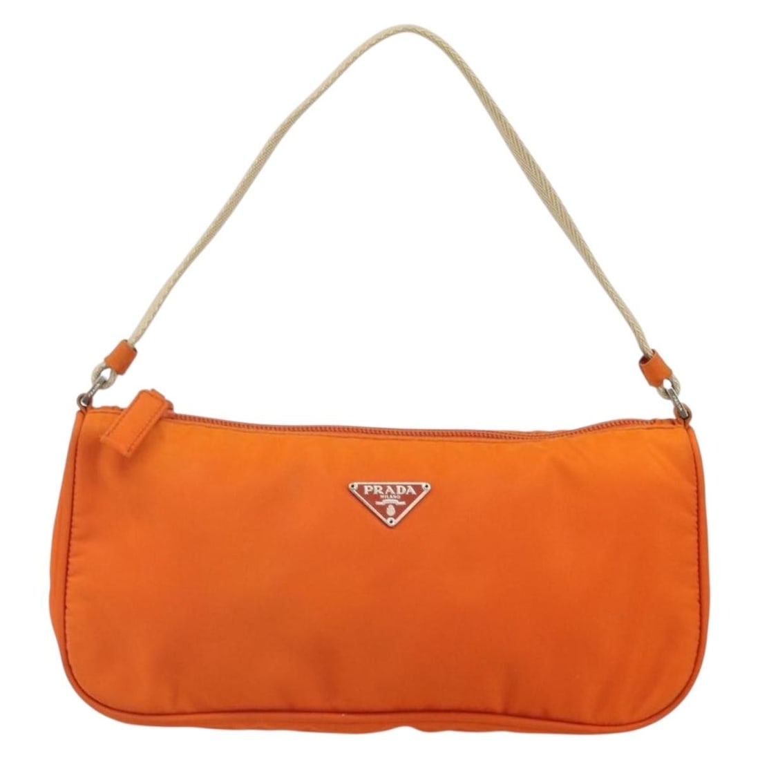 Orange Tessuto Nylon Pochette Shoulder Bag by Prada Italy: Orange Tessuto Nylon Pochette Shoulder Bag by Prada Italy This Prada Pochette Shoulder Bag features a vibrant orange nylon exterior with a sleek silhouette. Designed for women, it offers practical sty