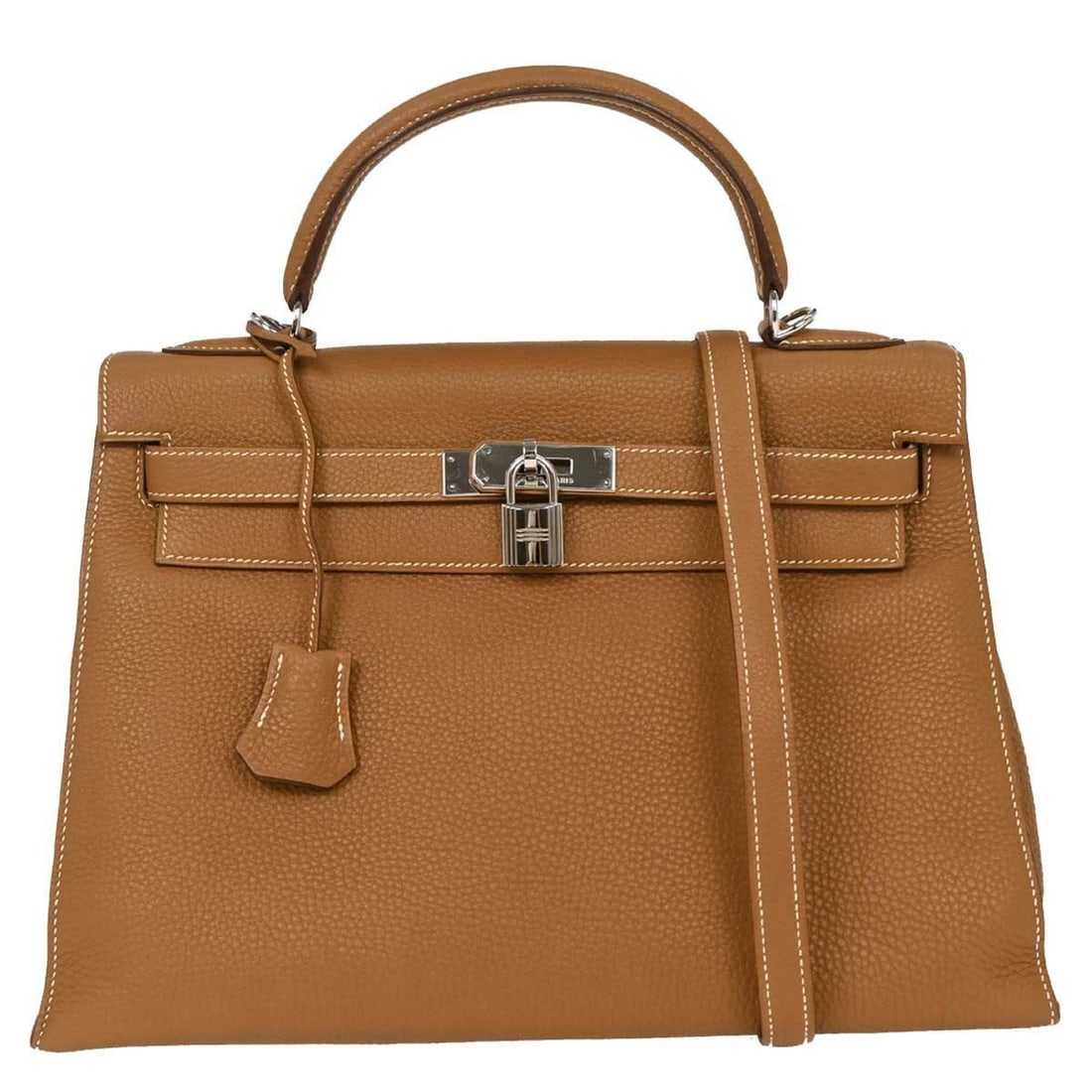 Hermes Kelly 32 Gold Togo Leather 2way Handbag with Detachable Strap: Hermes Kelly 32 Gold Togo Leather 2way Handbag with Detachable Strap This exquisite Hermes Kelly 32 Sellier handbag is a stunning addition to any collection. Crafted in France from high-quality gold T